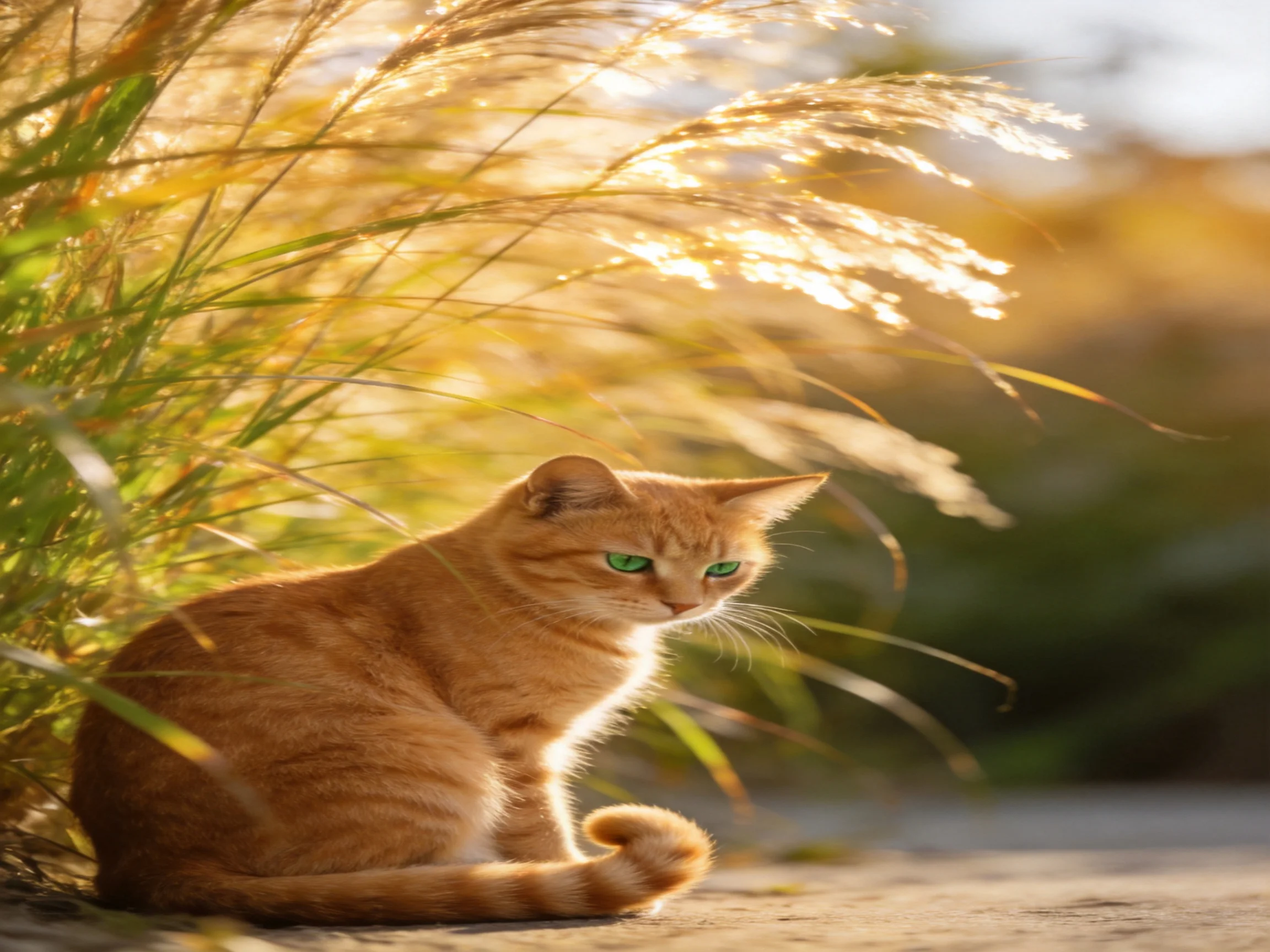 A ginger tabby cat sits near golden tall grasses under warm sunlight
