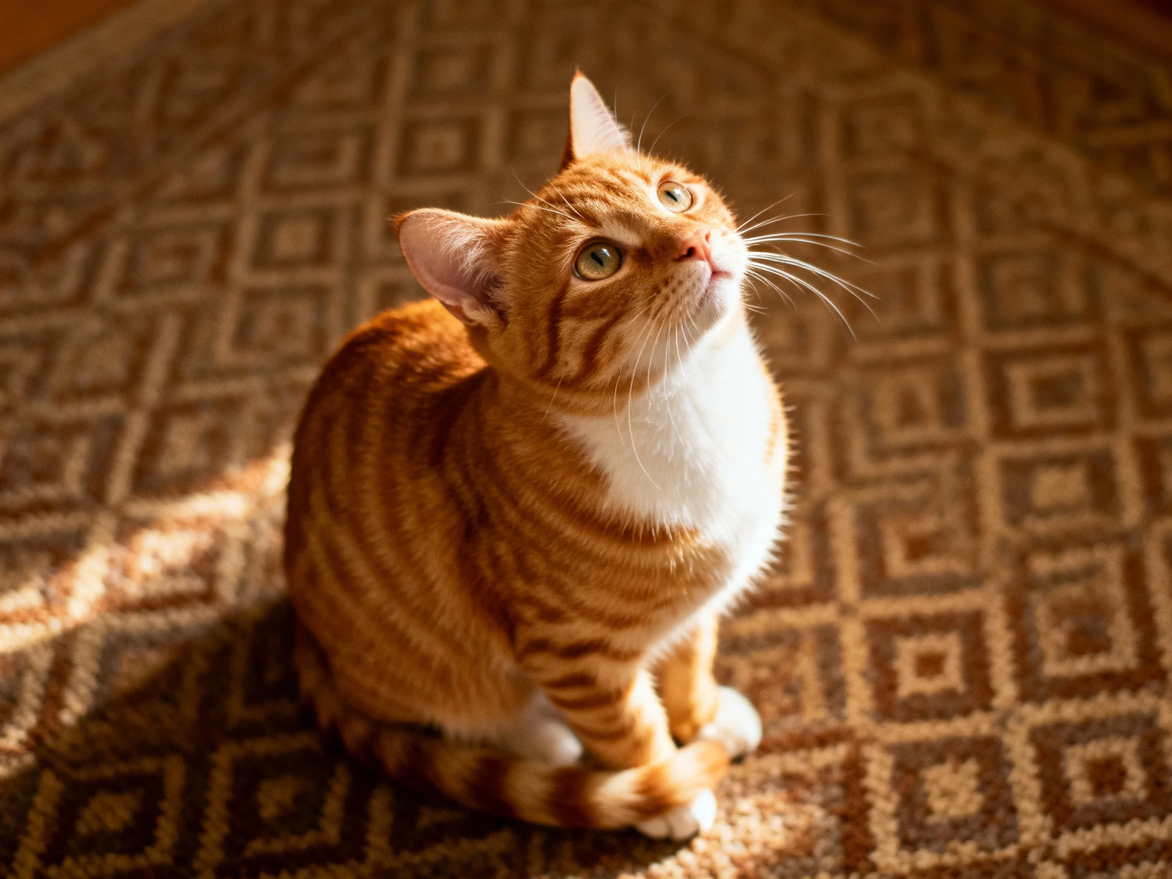 A ginger tabby cat sits on a geometric-patterned brown carpet in sunlight