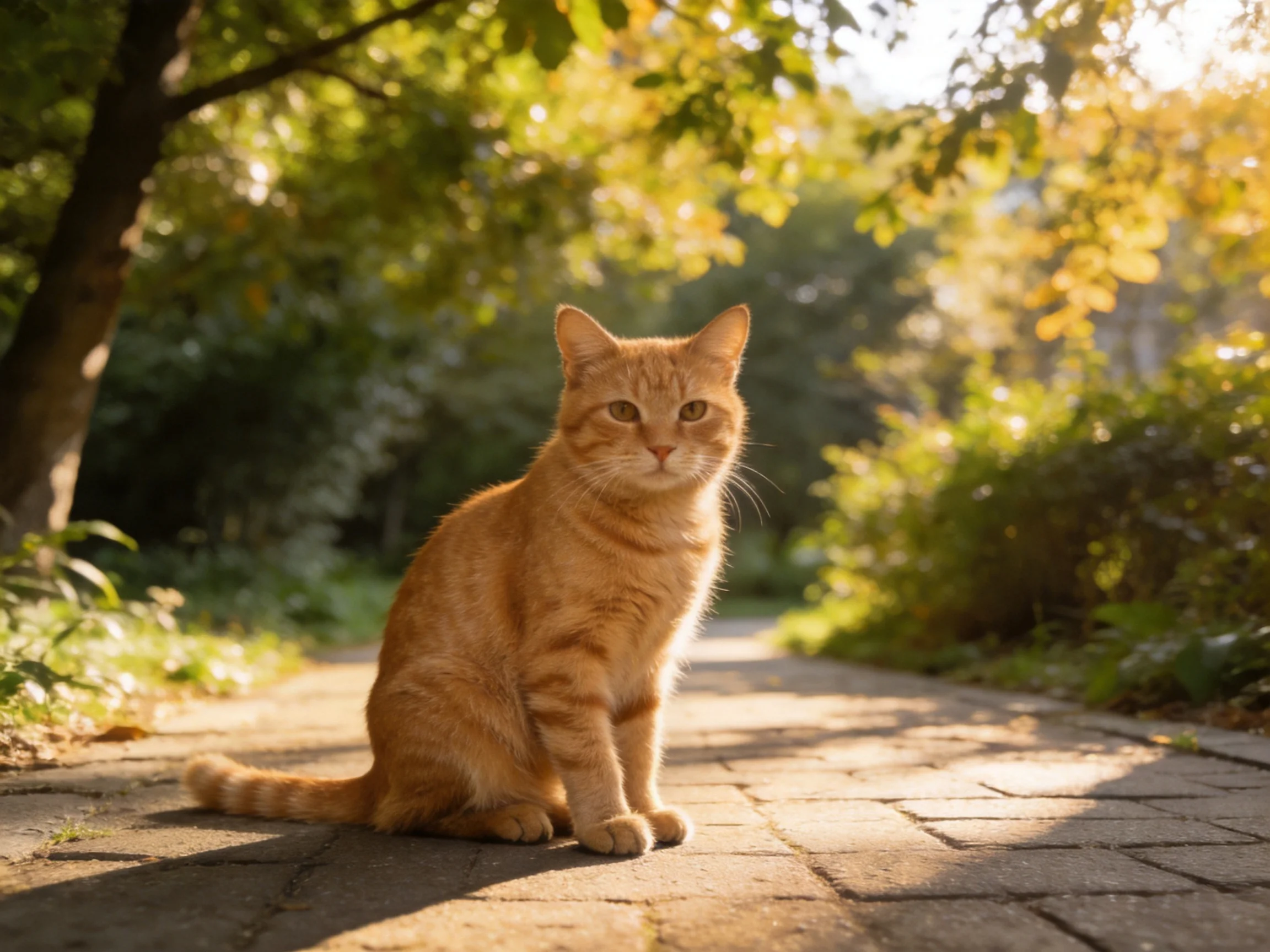 A ginger tabby cat sits on a sunlit brick path in a verdant outdoor area.