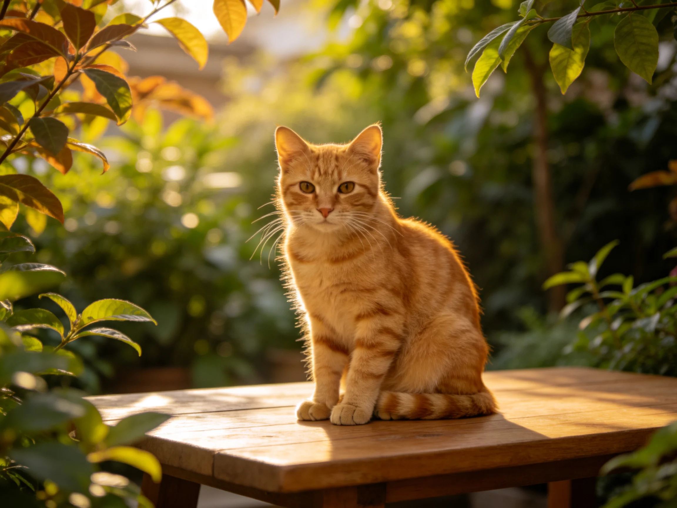 A ginger tabby cat sits on a wooden table in a sunlit garden.