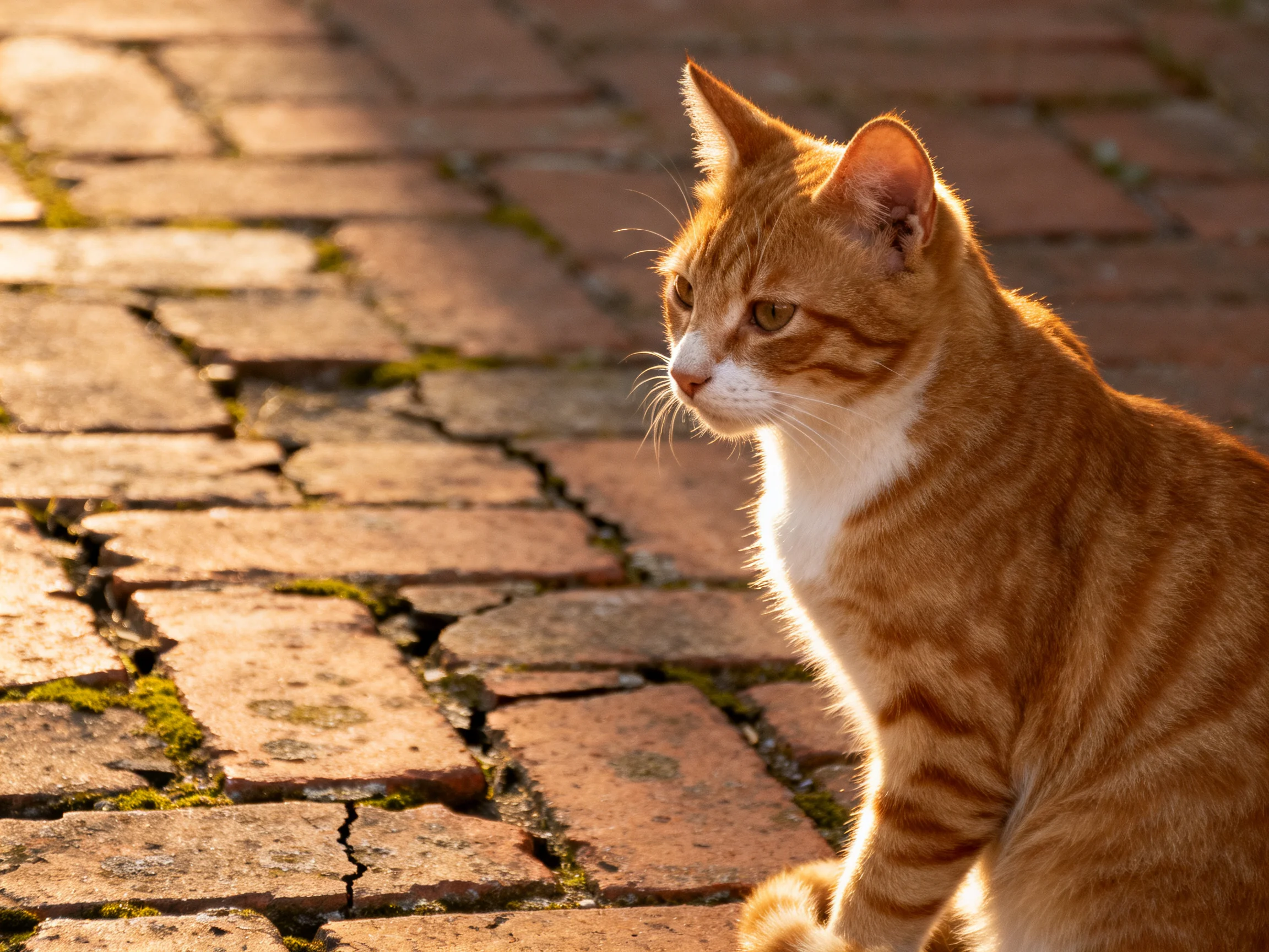 A ginger tabby cat sits on aged, moss-speckled brick pavement