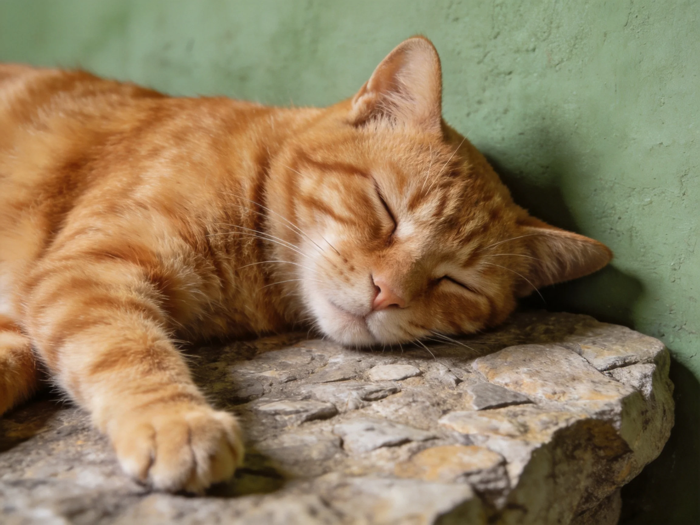 A ginger tabby cat sleeps on a rough stone ledge by a green wall