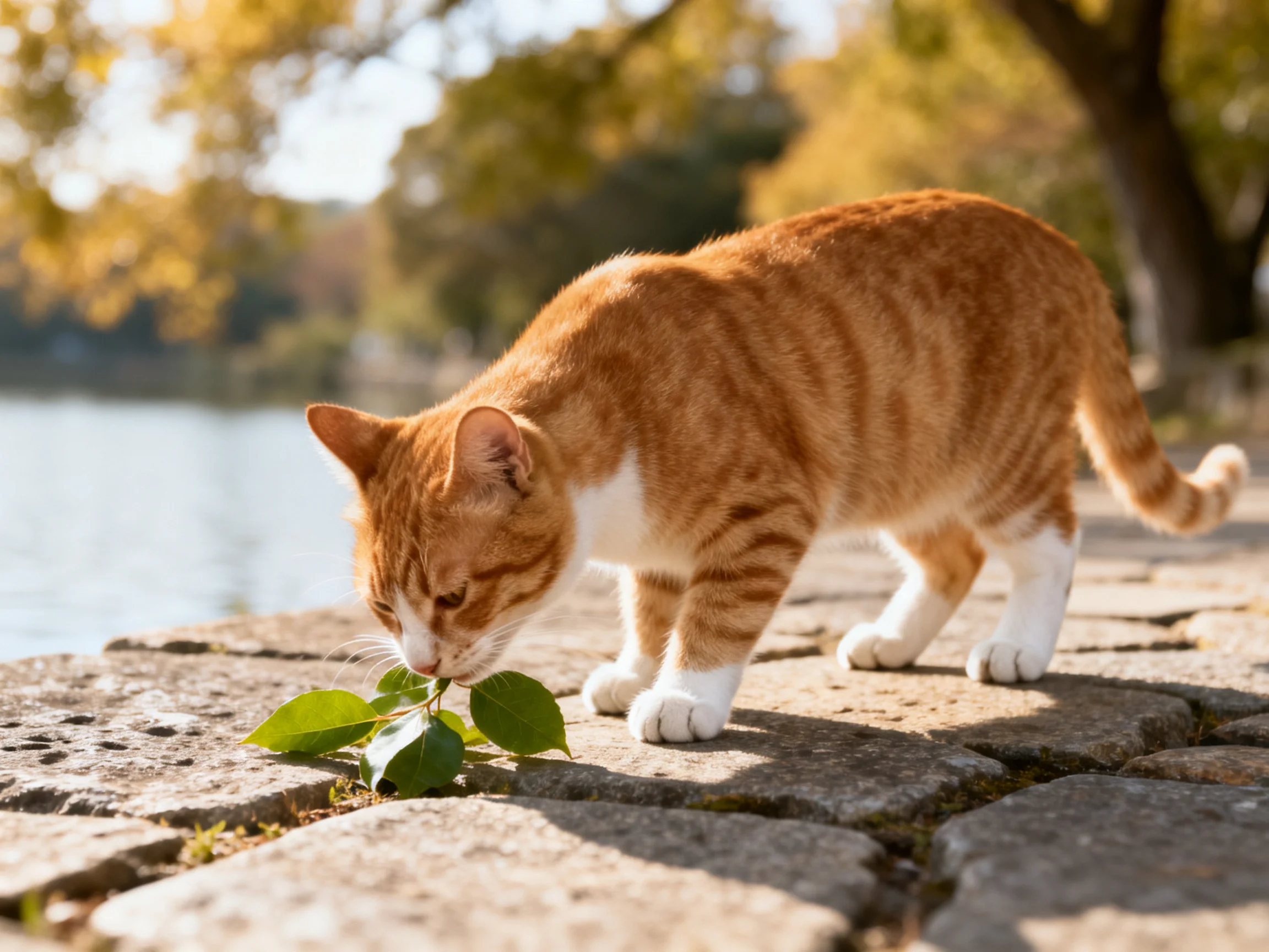 A ginger tabby cat sniffs green leaves by a calm lakeside