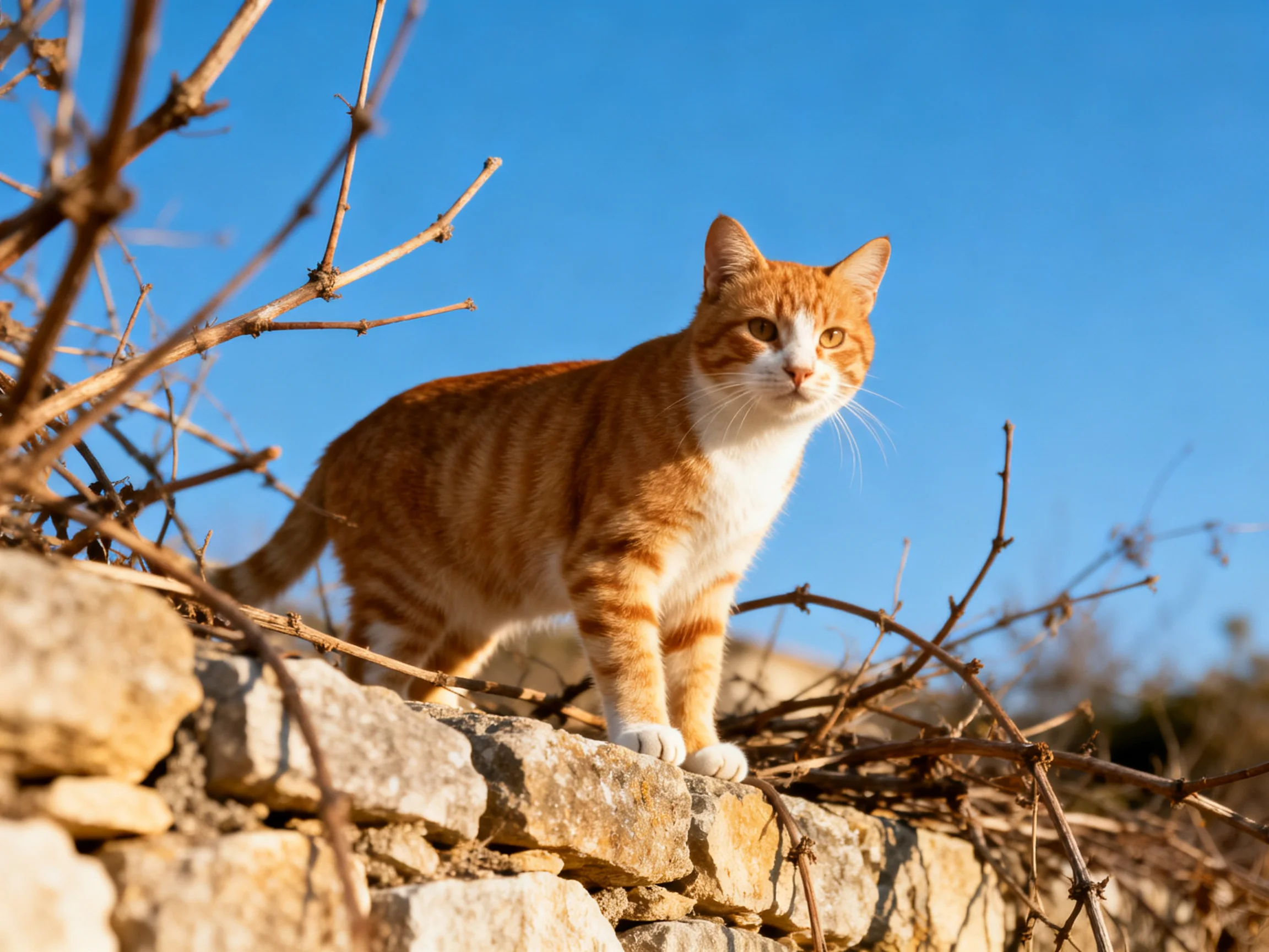 A ginger tabby cat stands on a stone wall near dry branches.