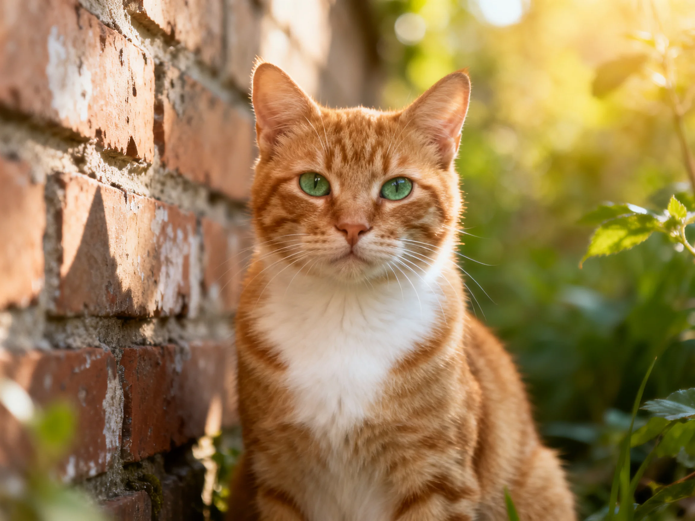 A ginger tabby cat with bright green eyes near a weathered brick wall