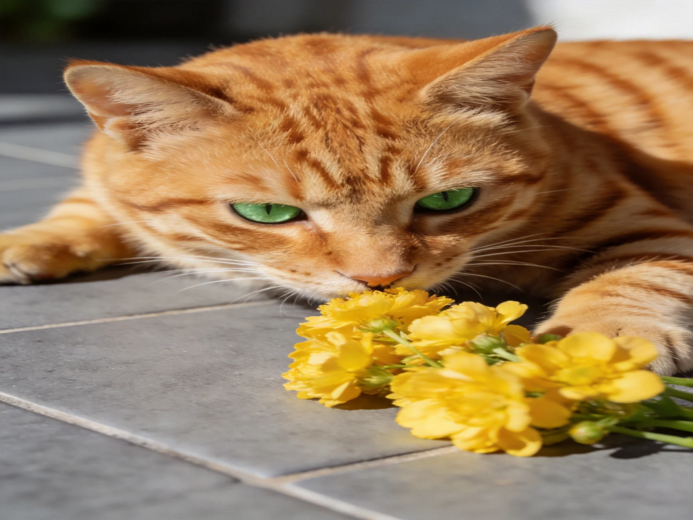 A ginger tabby cat sniffs yellow flowers on a tiled surface.