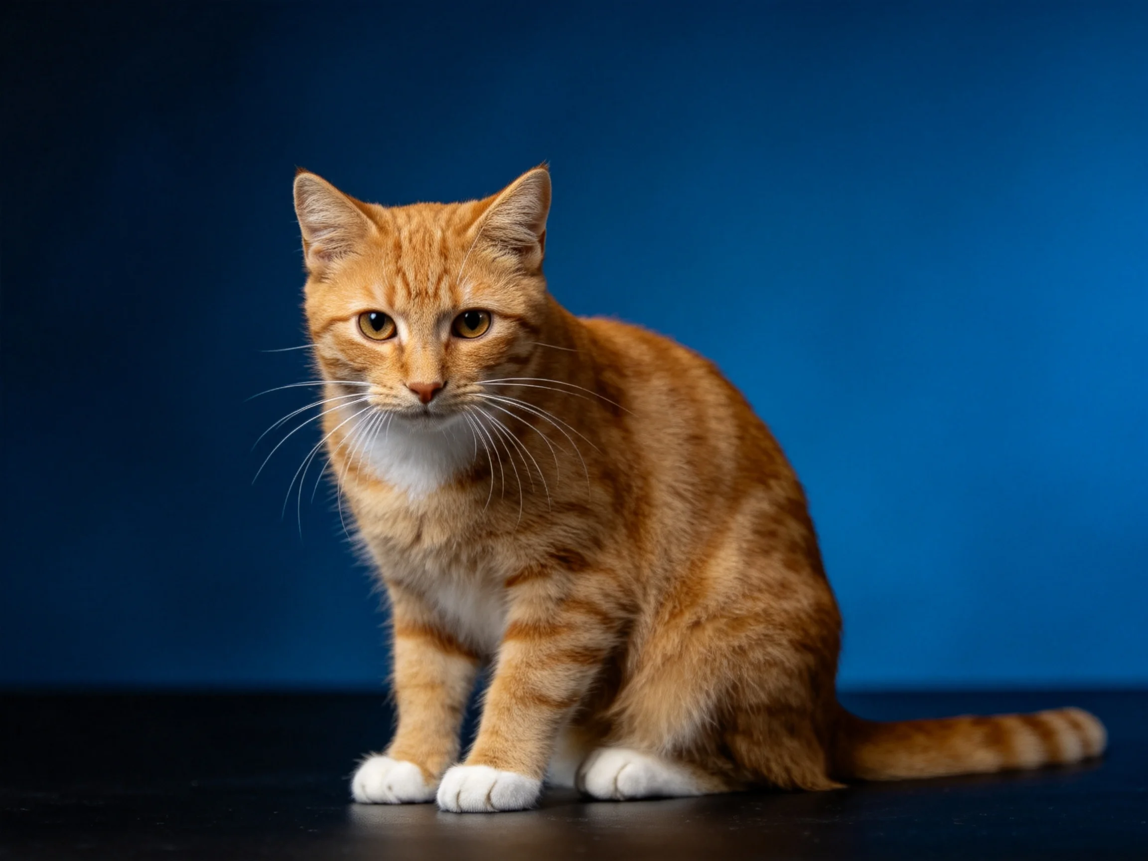A ginger tabby cat with white paws sits against a deep blue backdrop