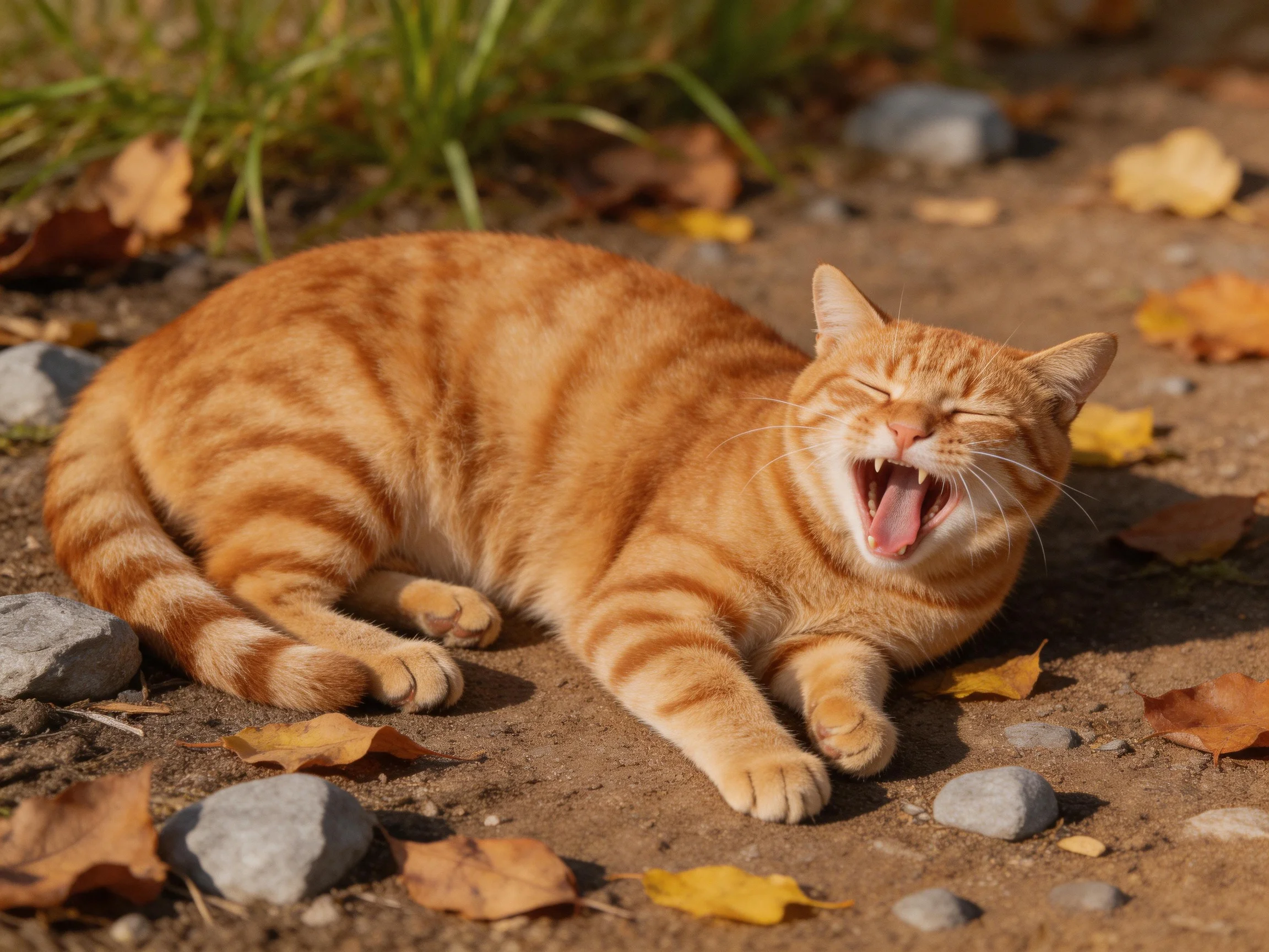 A ginger tabby cat yawning on a leaf-strewn dirt path