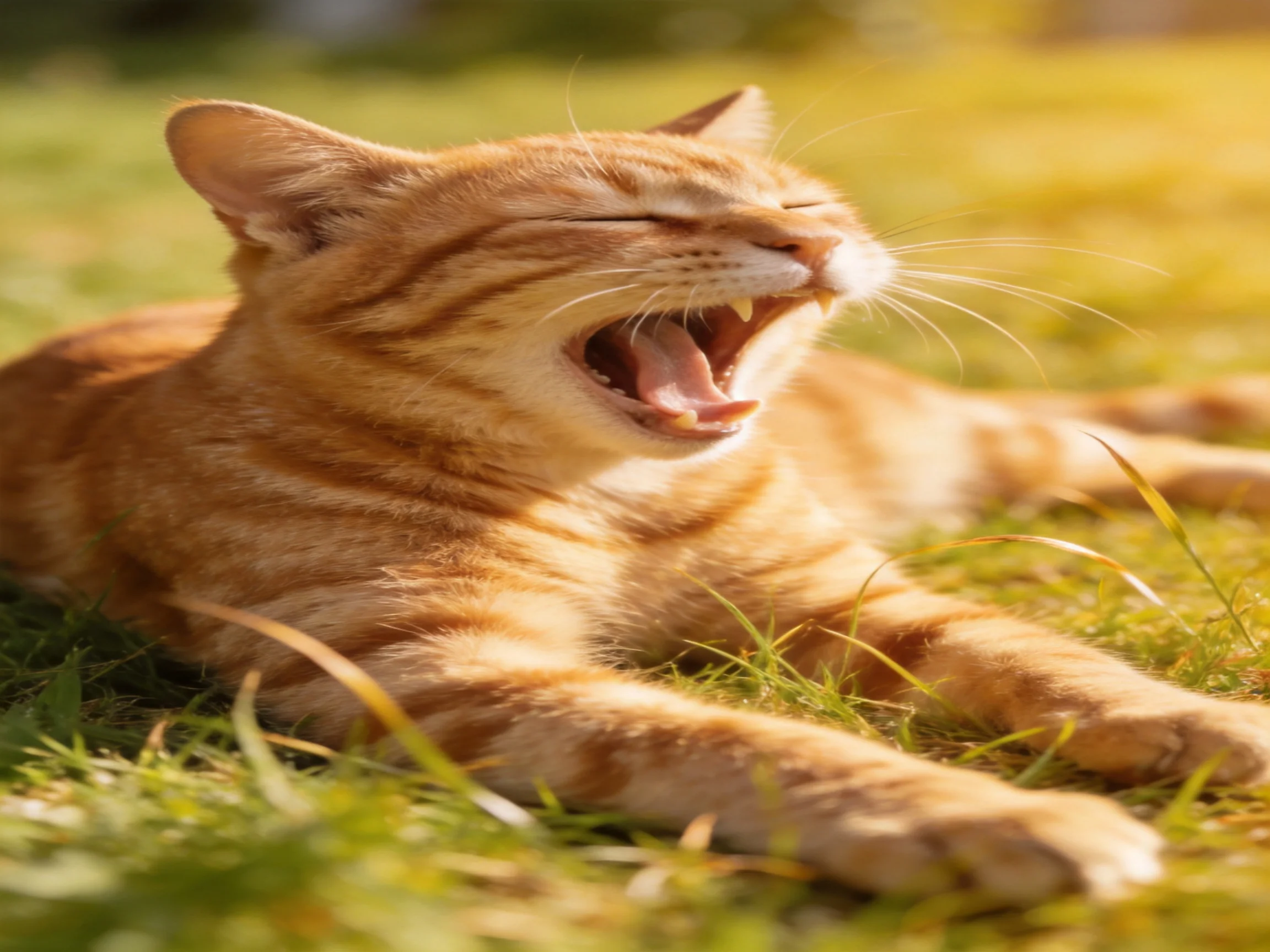 A ginger tabby cat yawns while resting on sunlit grass.