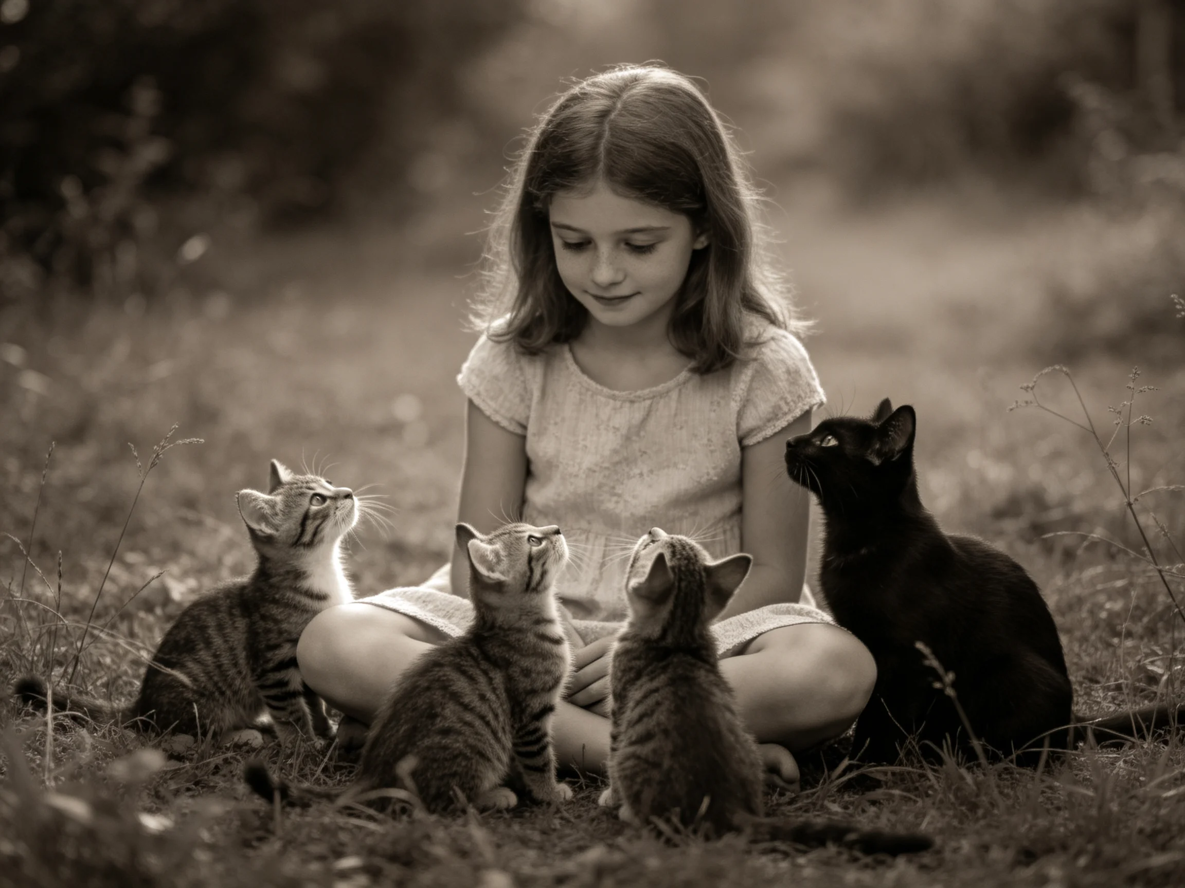 A girl sitting with three tabby kittens and a black cat in a grassy outdoor space