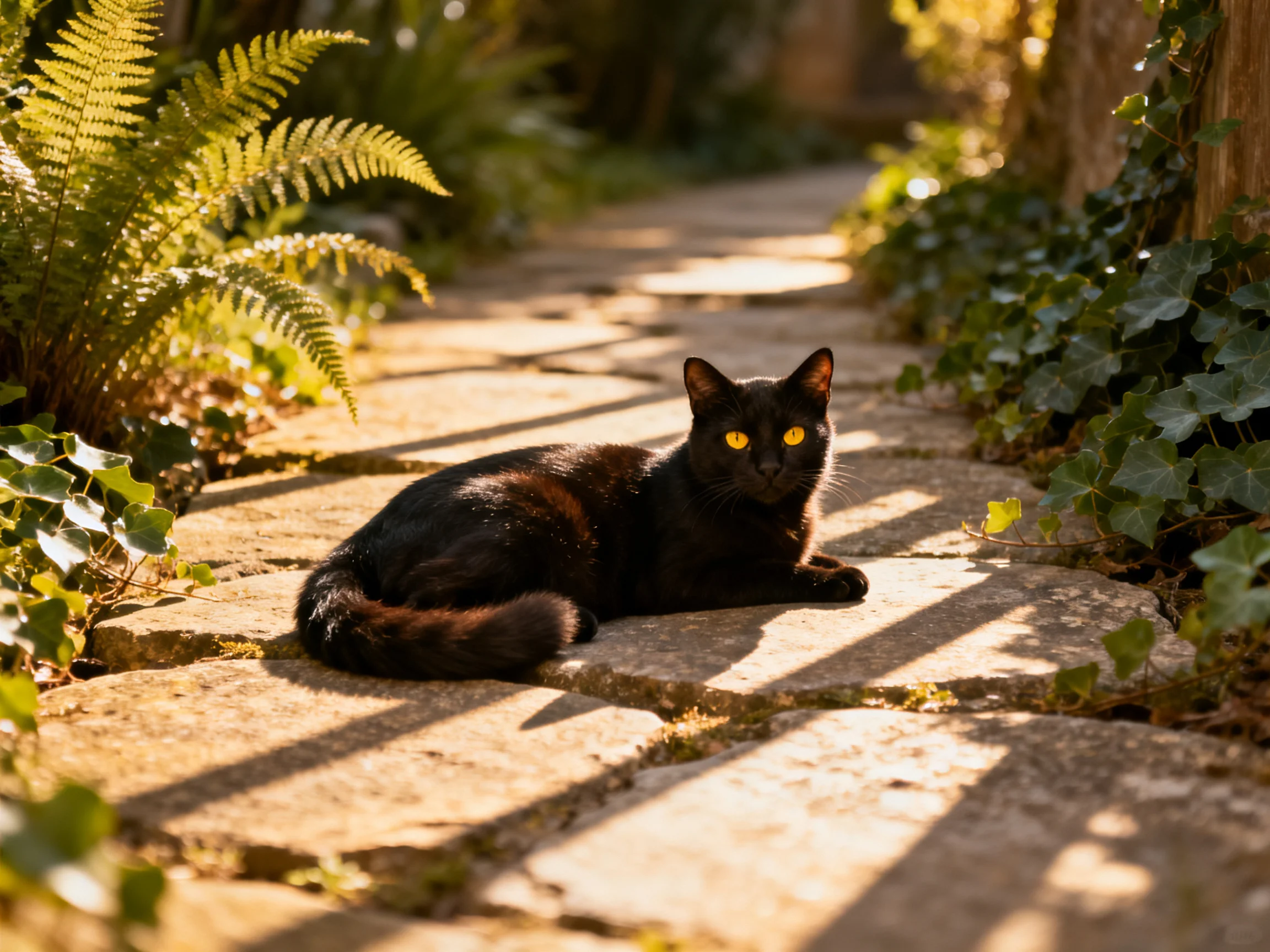A glossy black cat lounges on a sun-dappled stone path flanked by ferns and ivy