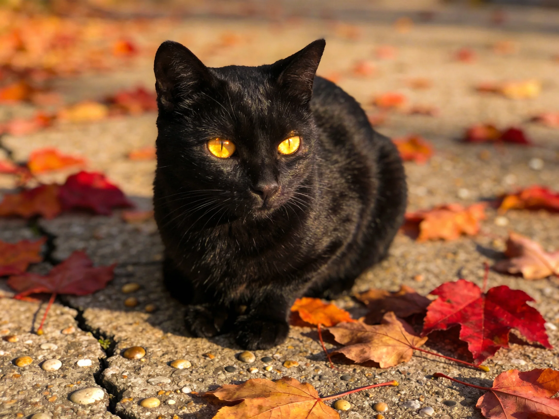 A black cat sits among autumn leaves on a cracked pavement.