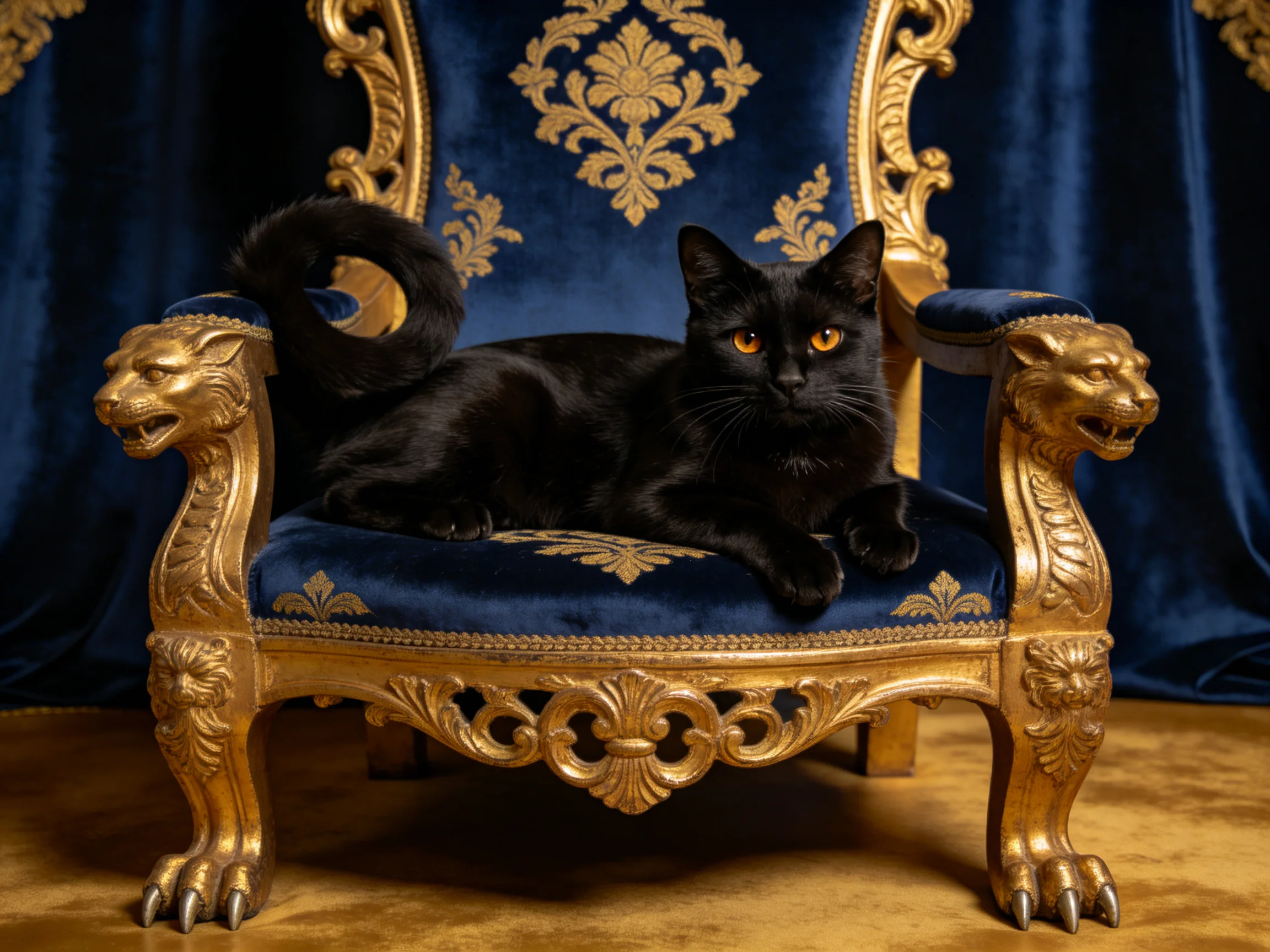 A black cat relaxes on an elaborately decorated chair.