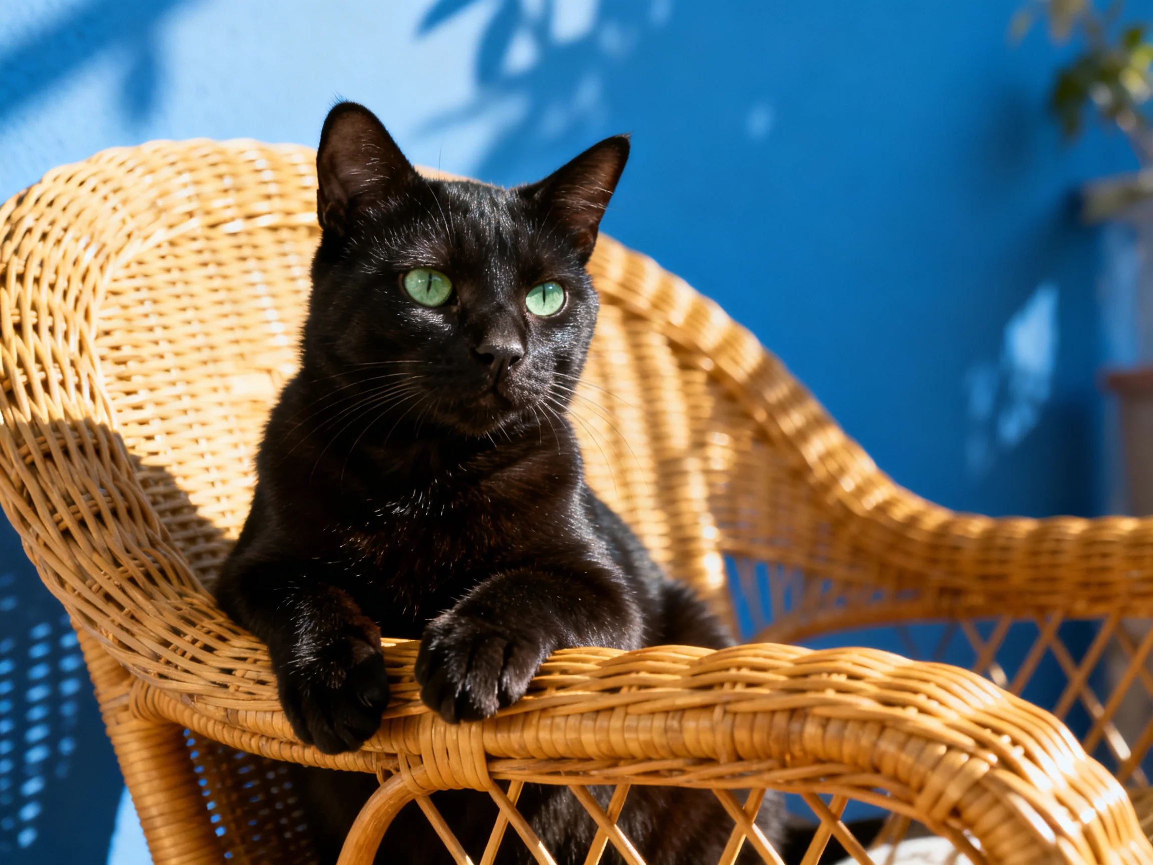 A black cat sits on a wicker chair in front of a blue wall.