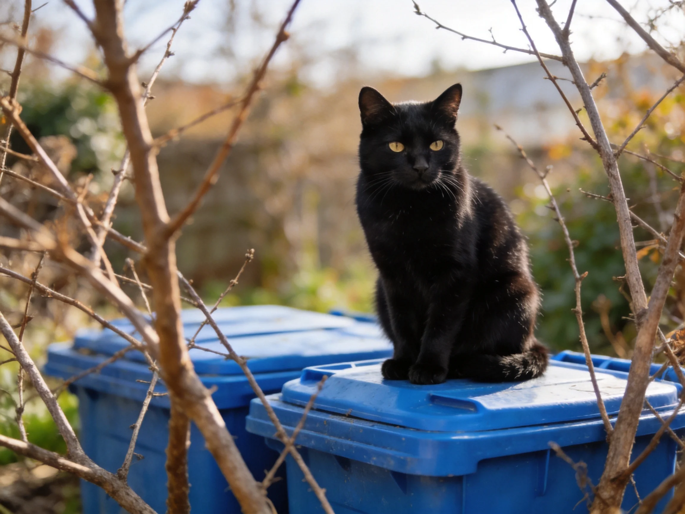 A black cat sits on blue recycling bins in an outdoor area with trees