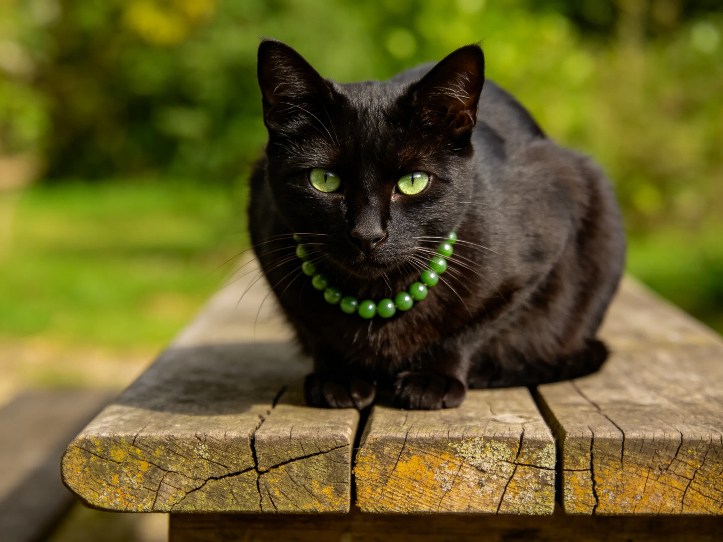 A black cat with a green collar rests on a weathered wooden bench outdoors.