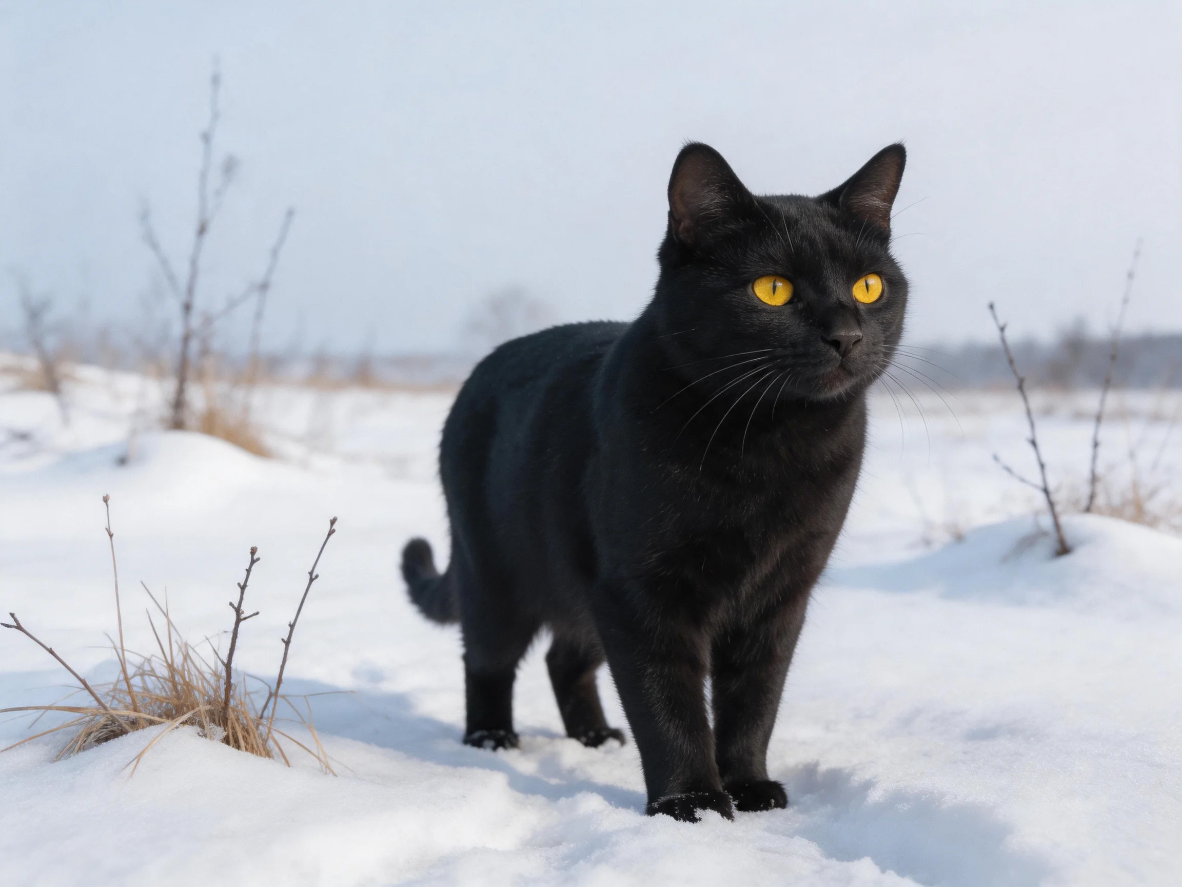 A black cat with bright yellow eyes walks through a snowy landscape.