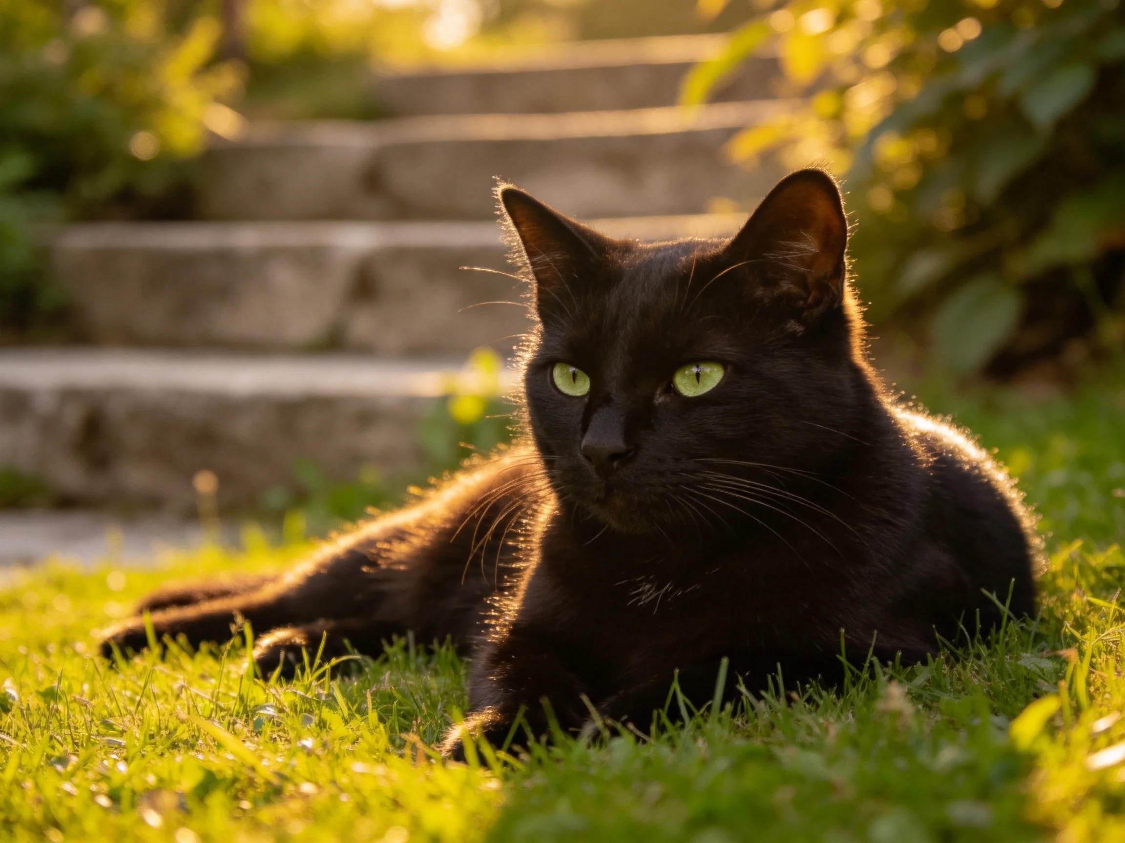 A black cat with green eyes relaxes on grass near stone steps in sunlight.
