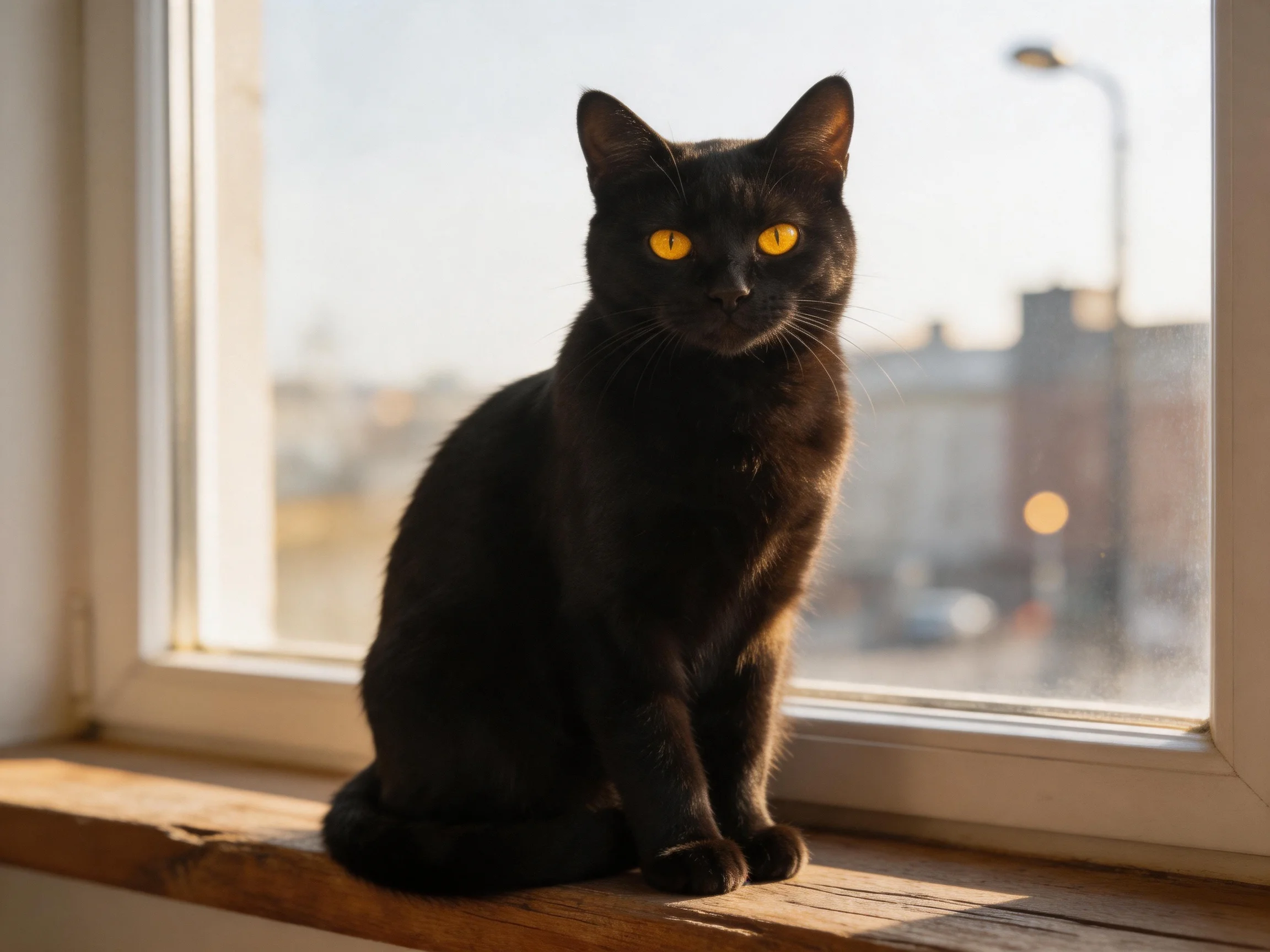 A glossy black cat sits on a wooden windowsill overlooking a cityscape.