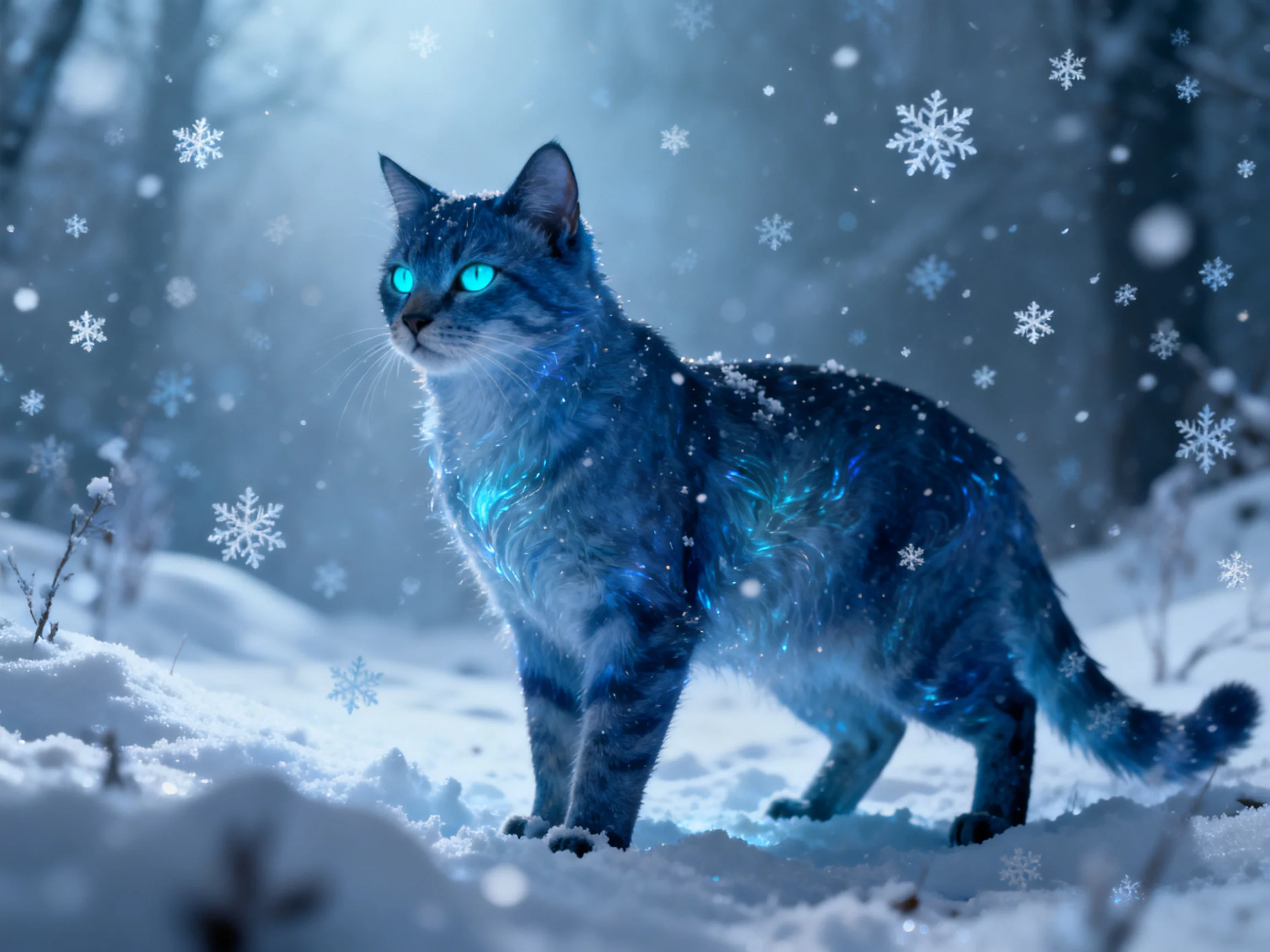 A glowing blue cat stands in a snow-filled winter forest