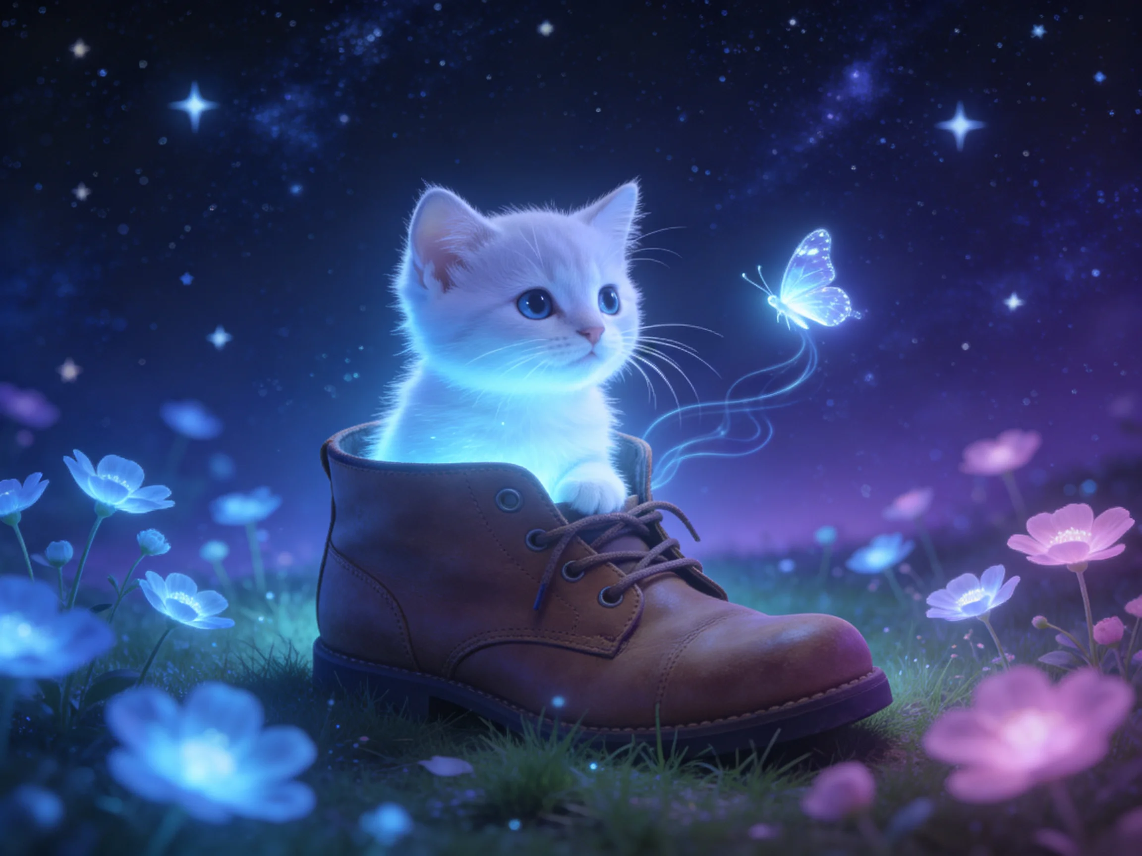 A glowing white kitten sits in a brown boot amid glowing flowers and a starry night