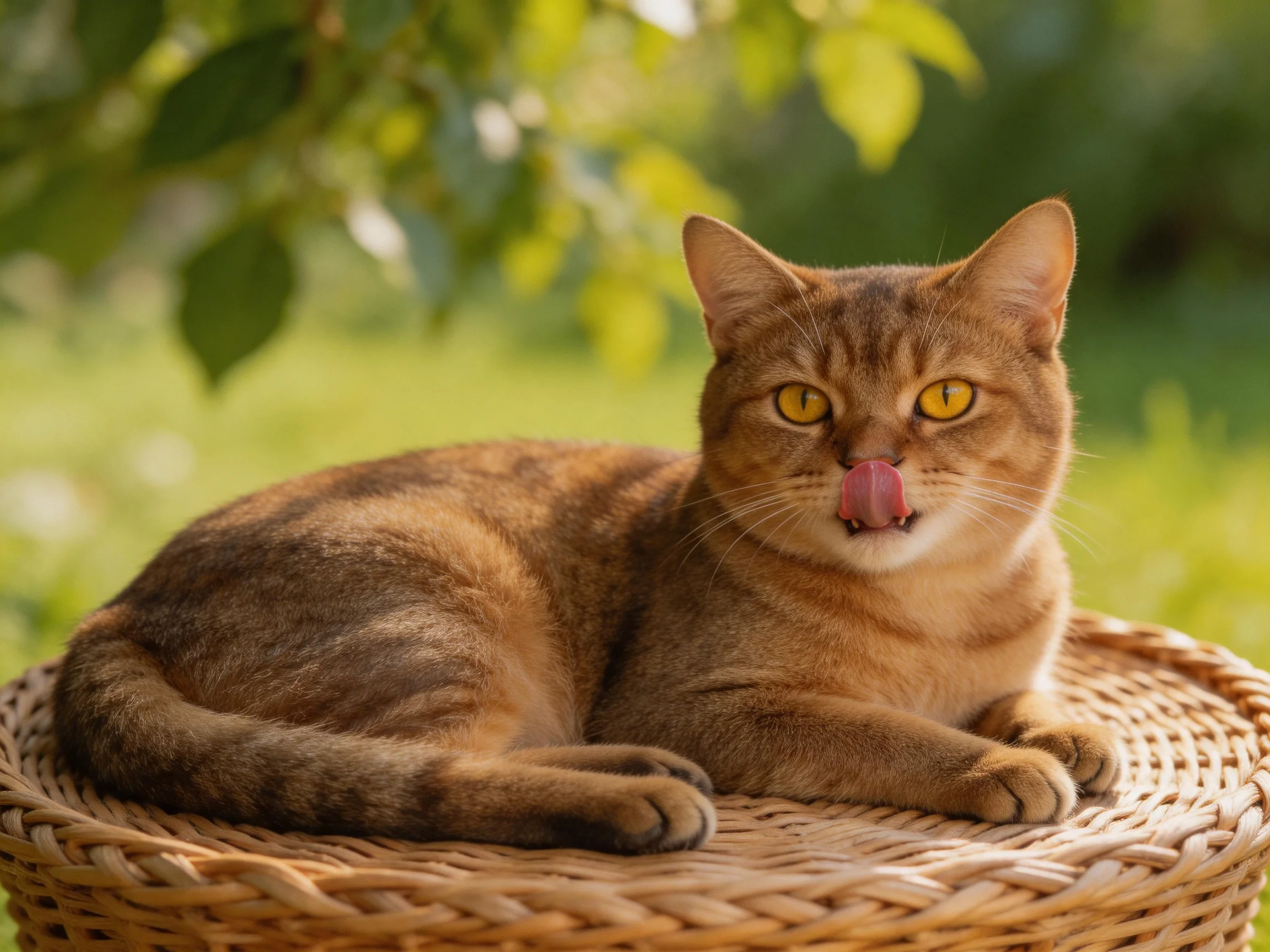 A golden-brown cat lounges on a wicker basket in a sunny garden