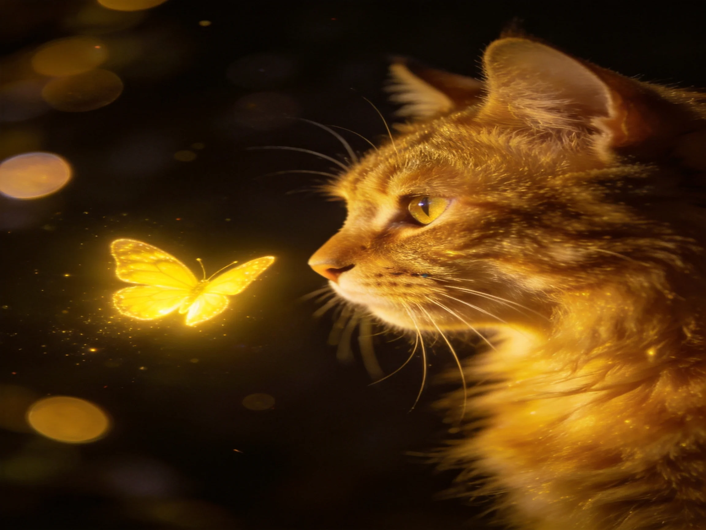 A golden cat observes a glowing yellow butterfly in darkness