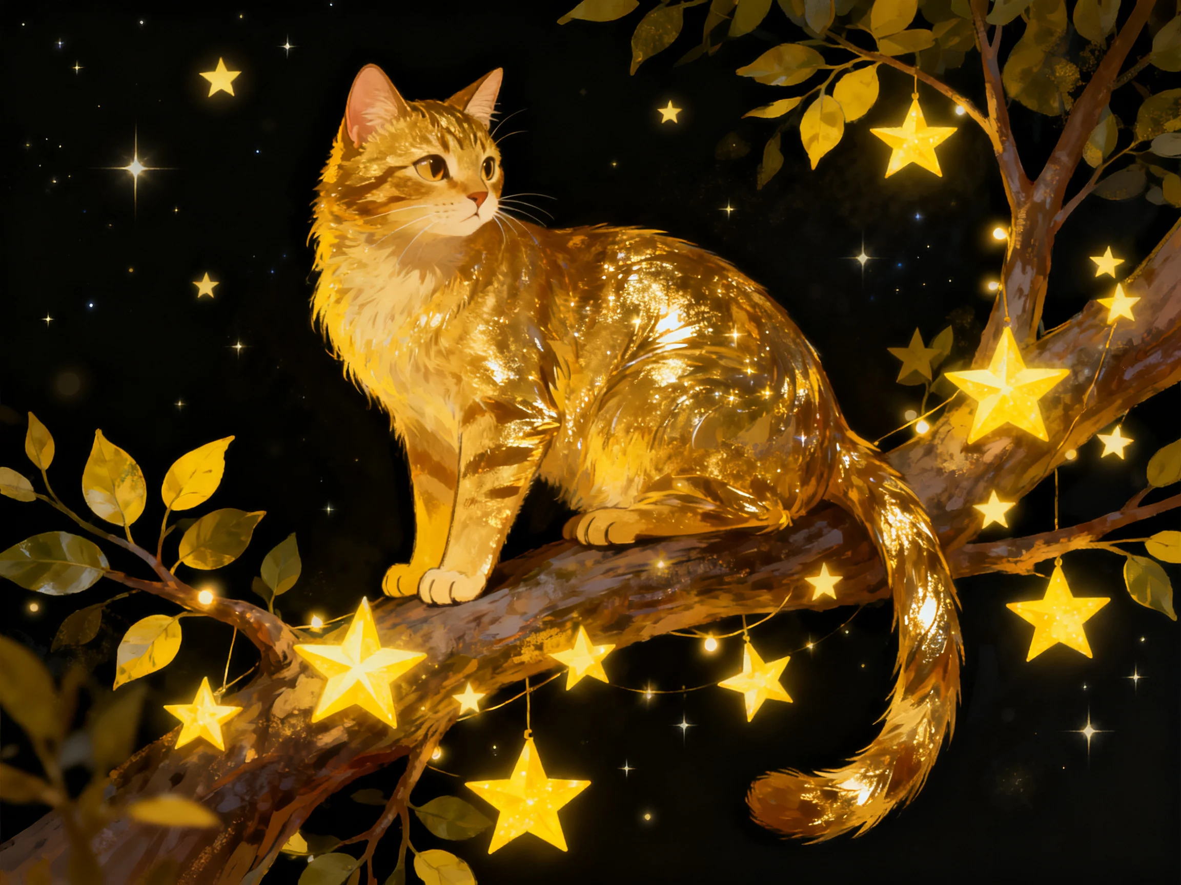 A golden cat perched among glowing stars on a tree branch