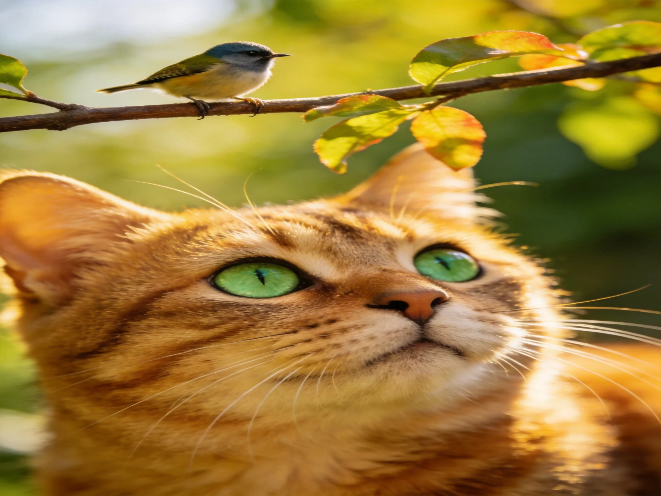 A golden cat with green eyes gazes at a small bird on a branch.