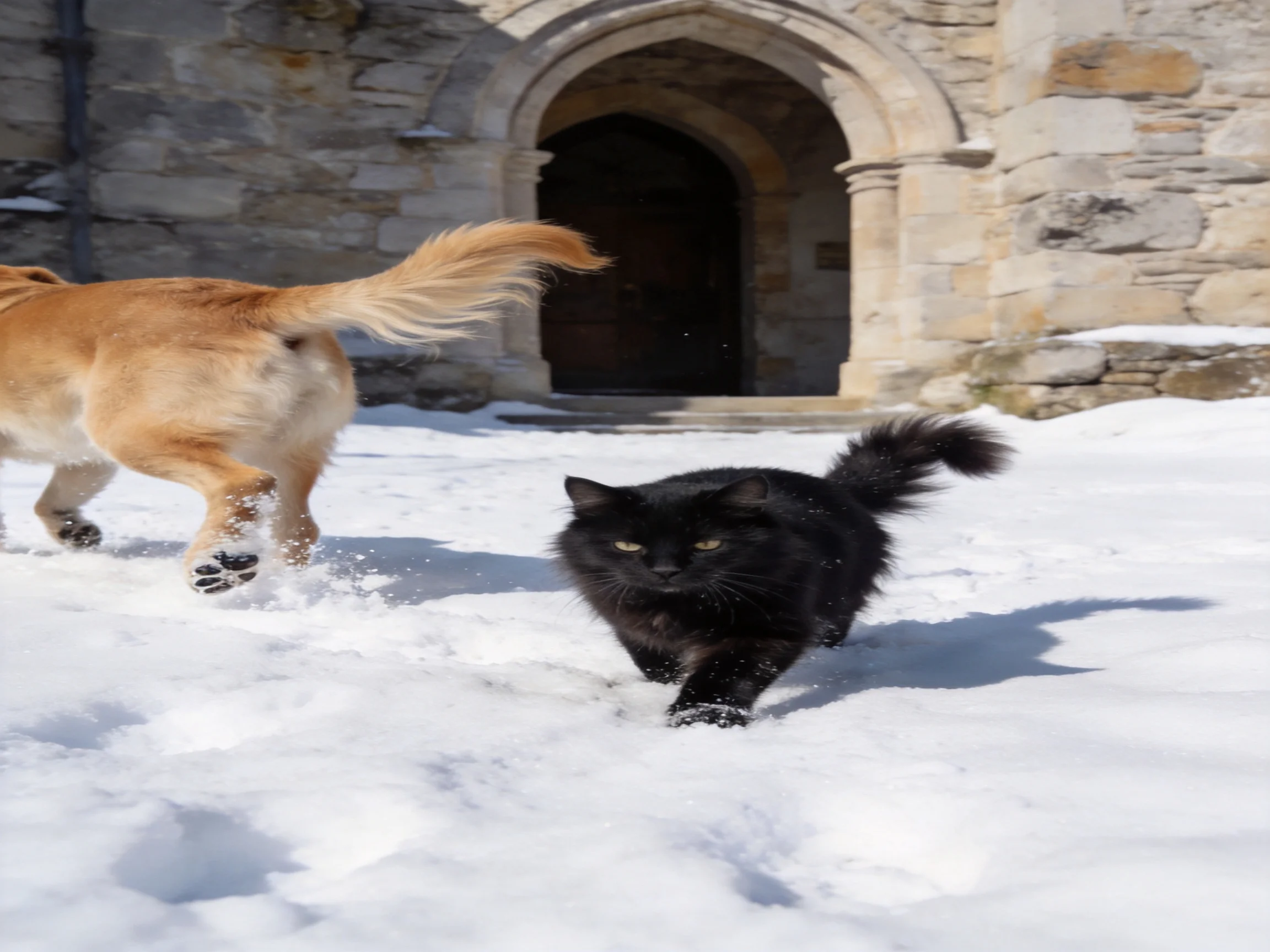 A golden dog and black cat traverse deep snow near an ancient stone building