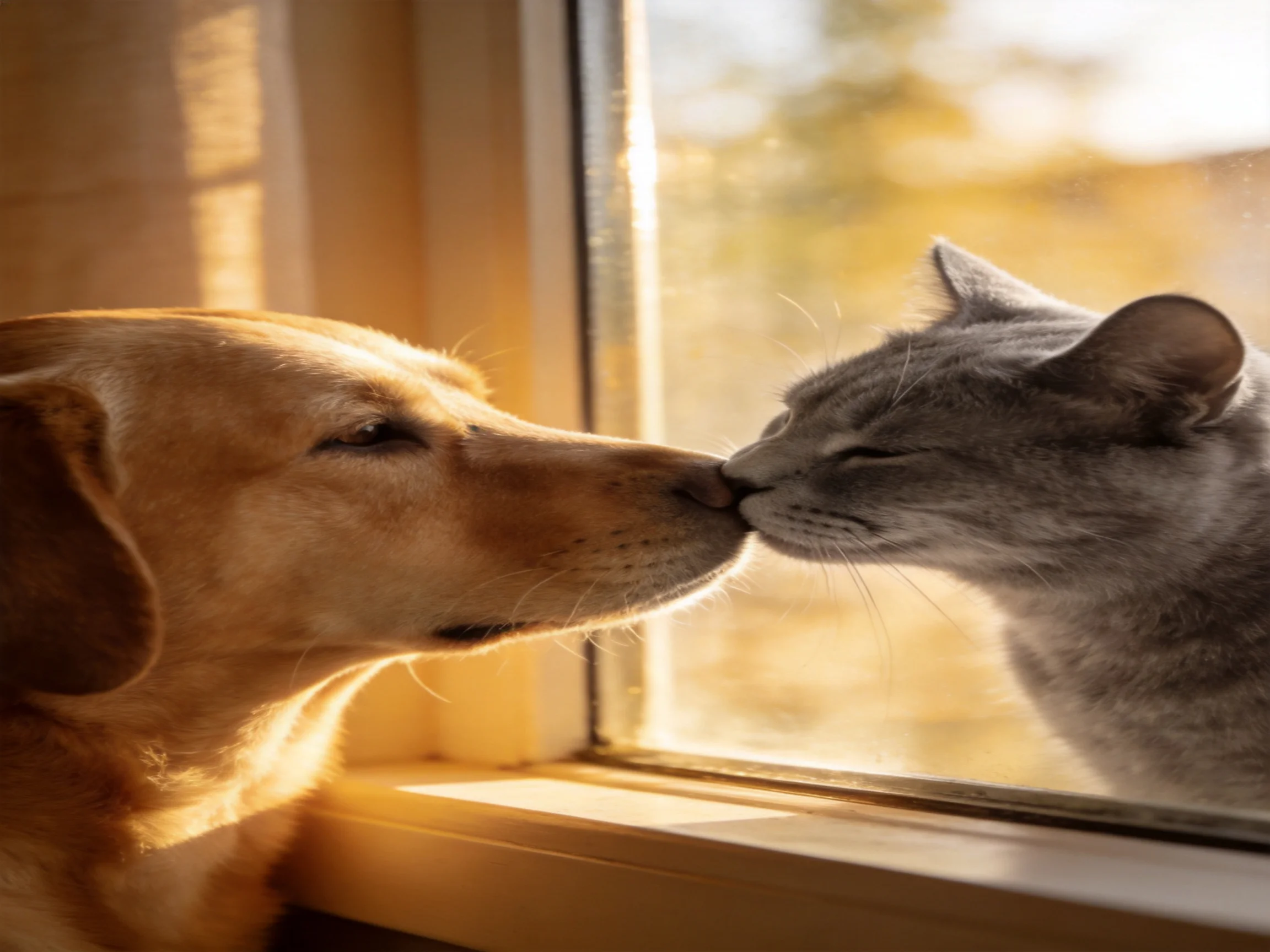 A golden dog and gray cat nuzzle near a sunlit window