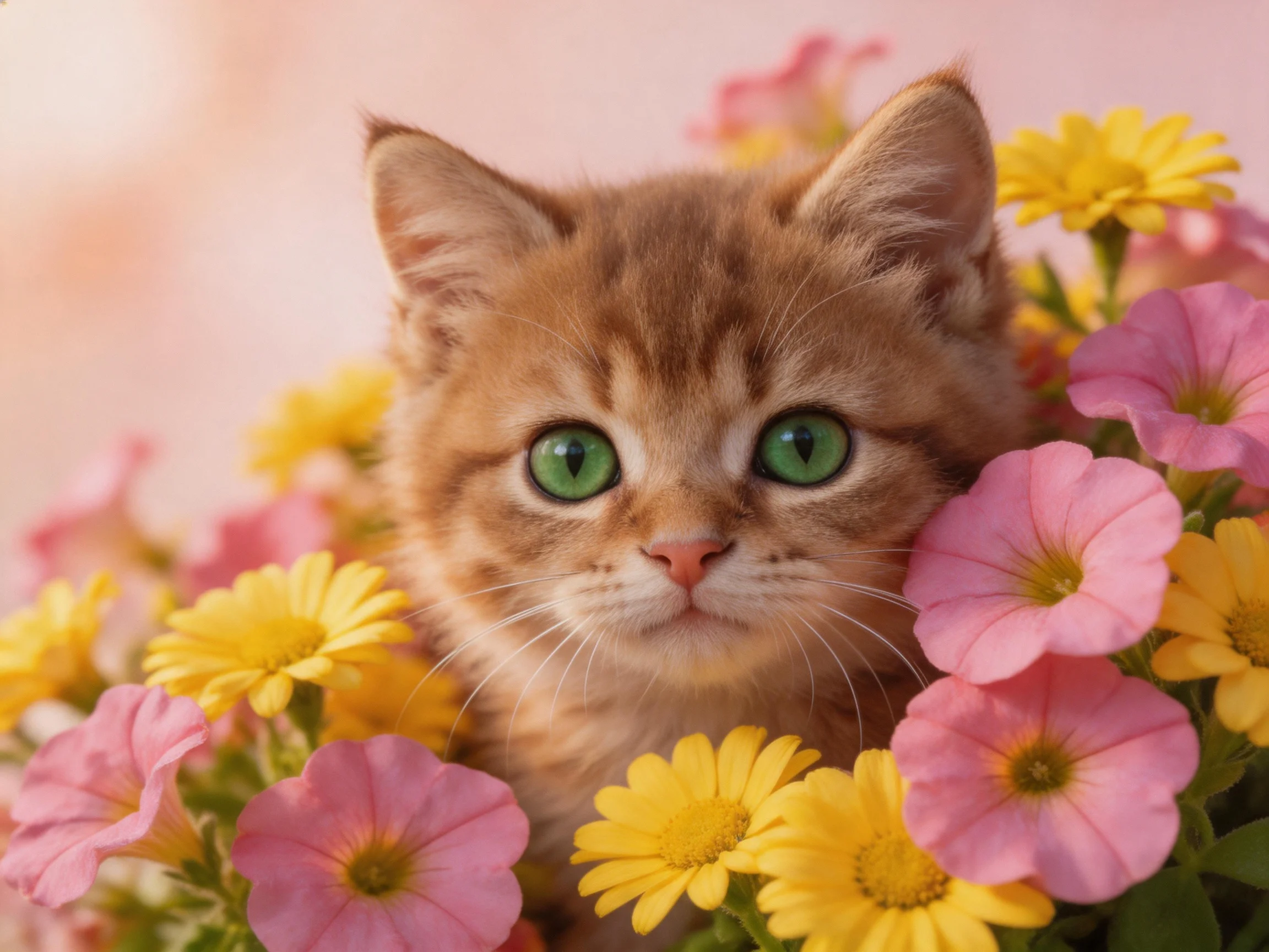 A golden kitten with bright green eyes is surrounded by colorful flowers.