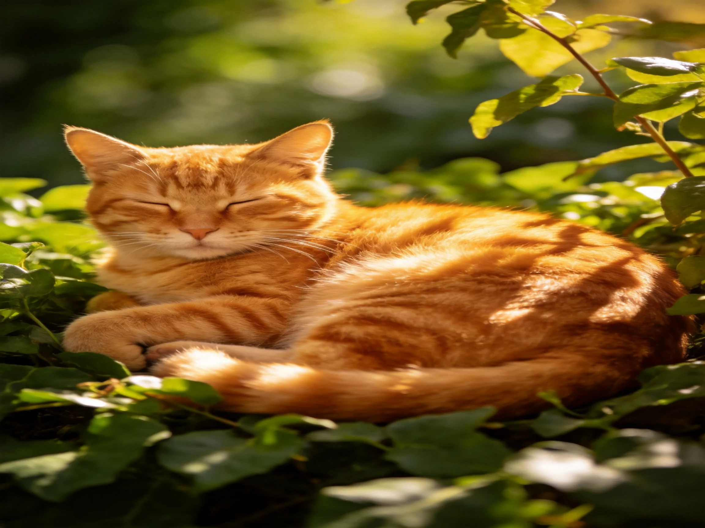 A golden-orange cat sleeps peacefully among green plants in a sunlit area.