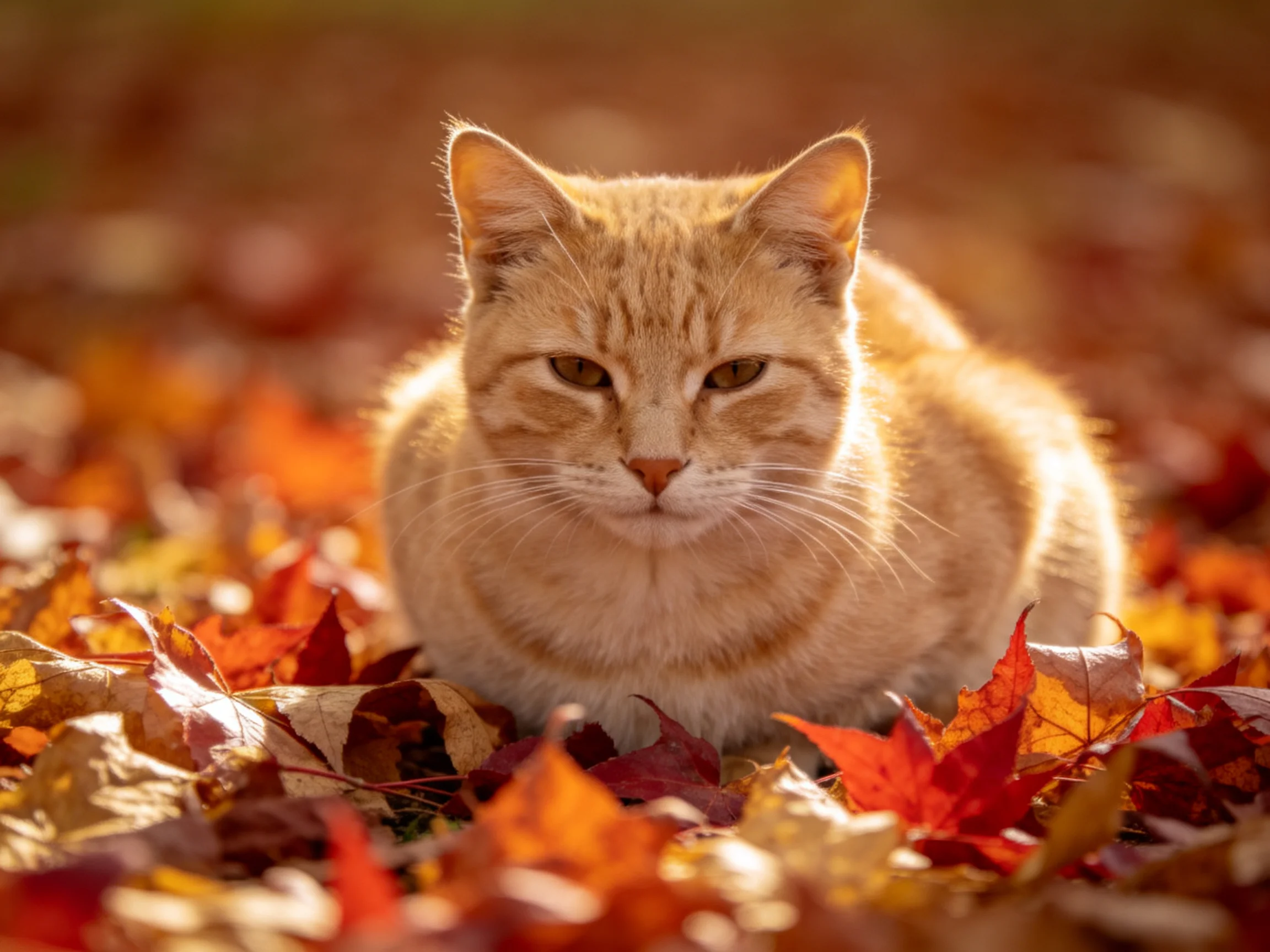 A golden-orange cat sits calmly among autumn leaves.