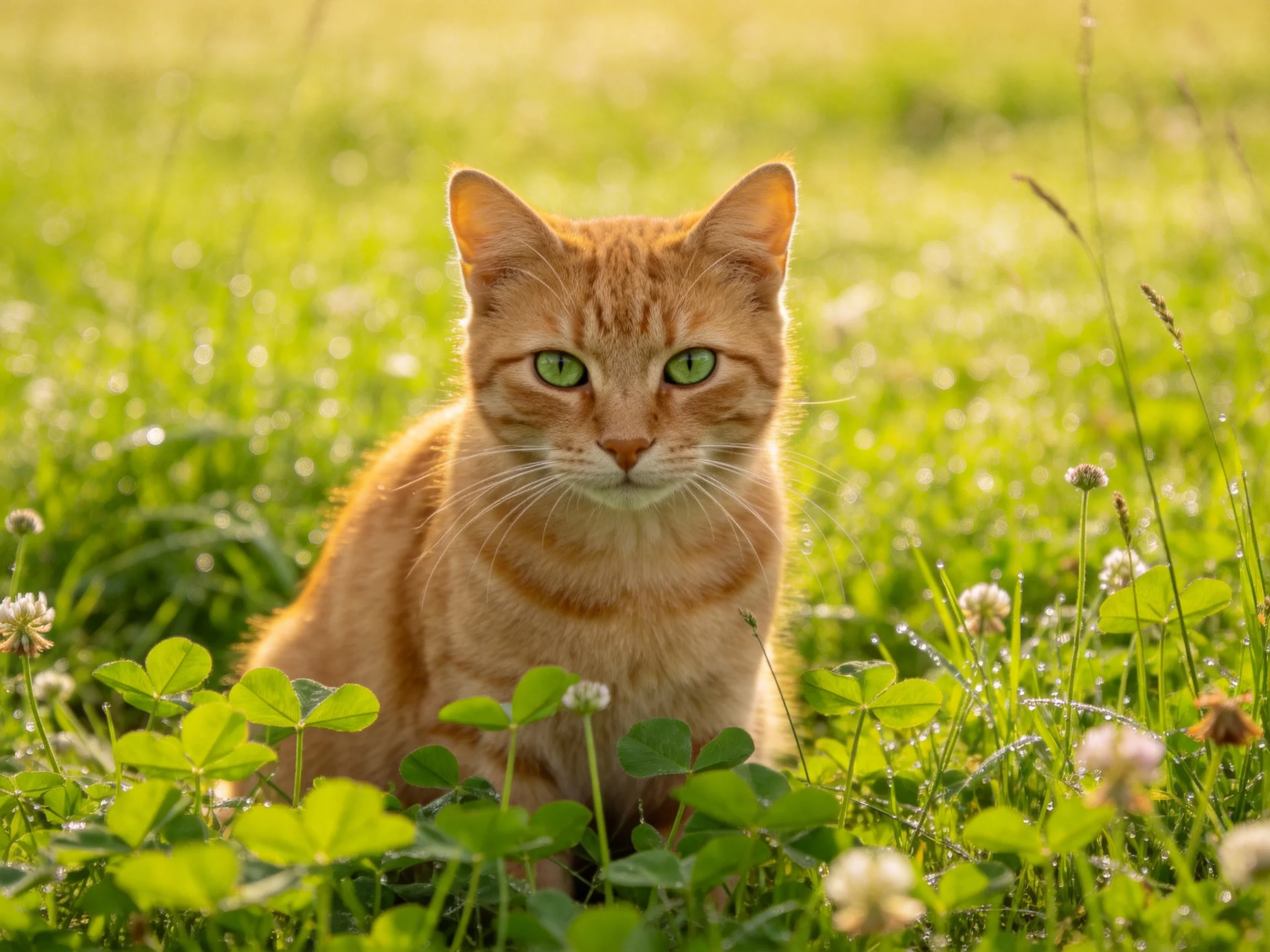 A golden-orange cat sits peacefully in a sunlit meadow with clover
