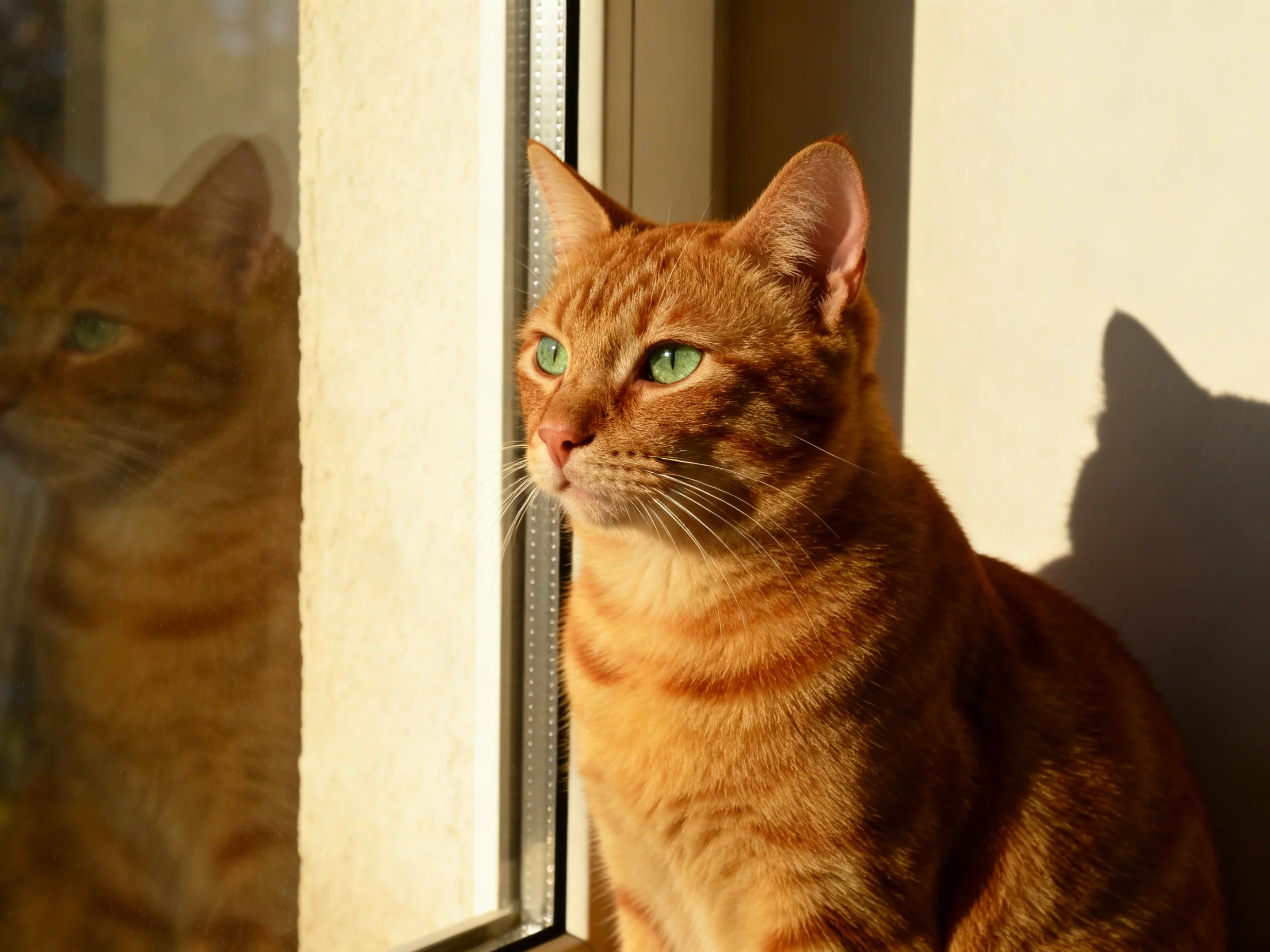 A golden-orange cat sits by a sunlit window with its reflection.