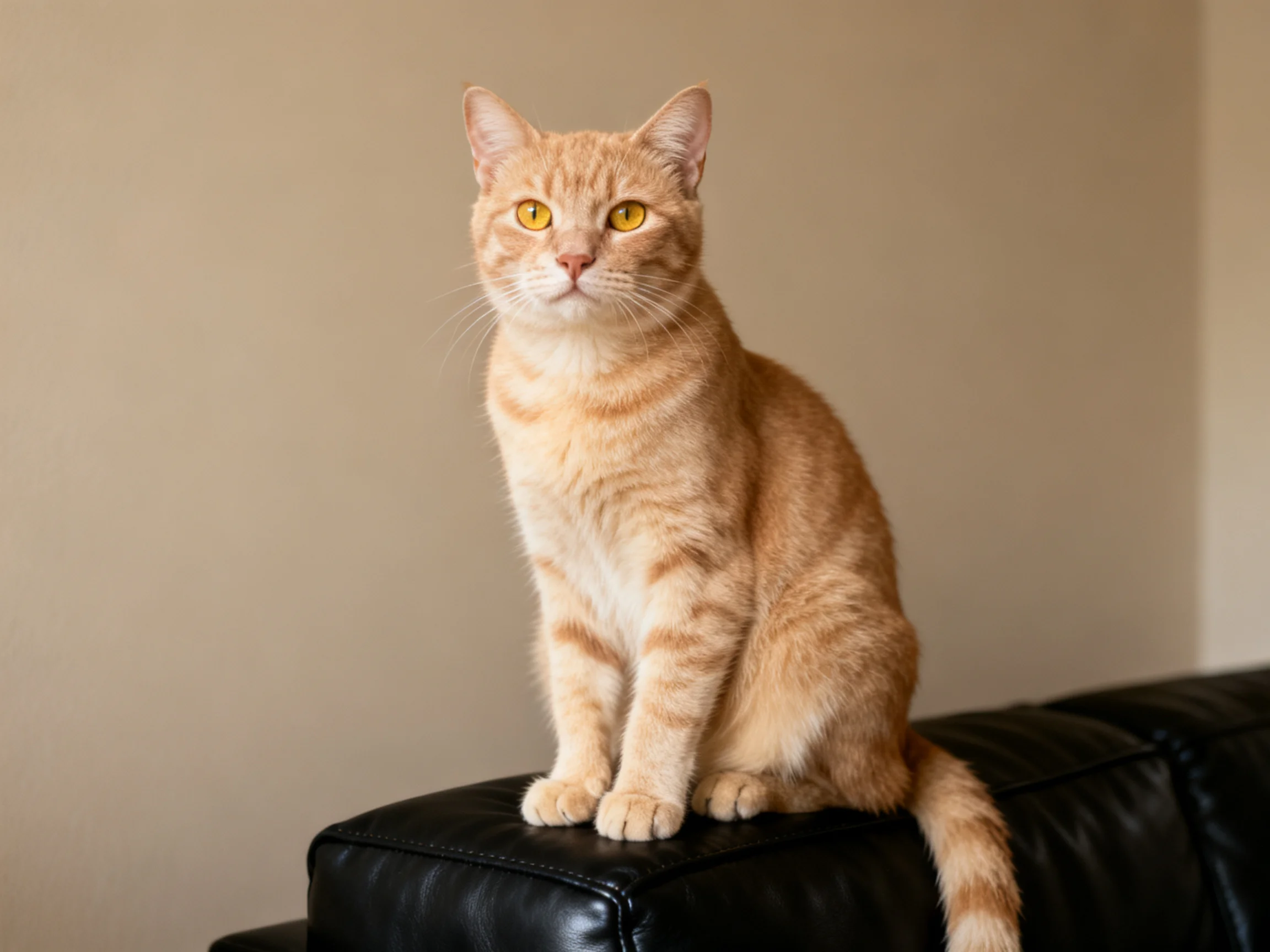 A golden-orange cat sits on a black leather couch