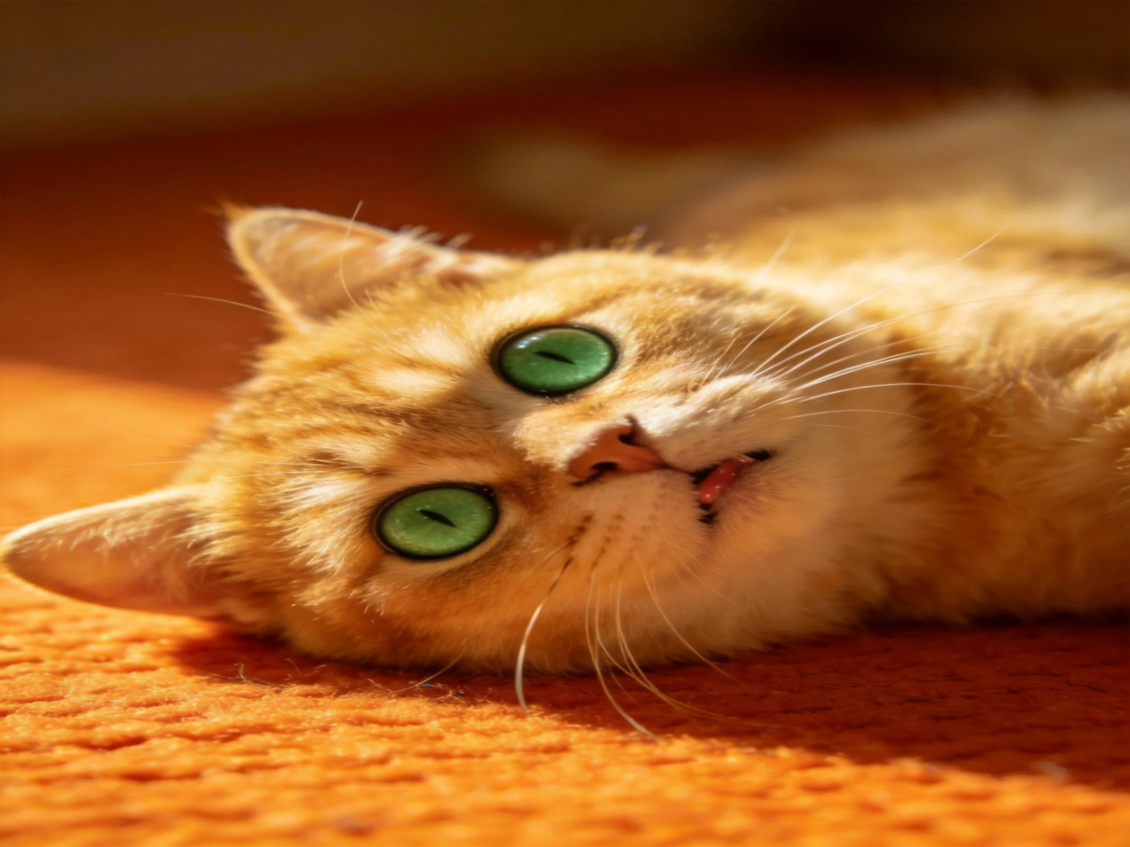 An orange cat with bright green eyes rests on an orange carpet.