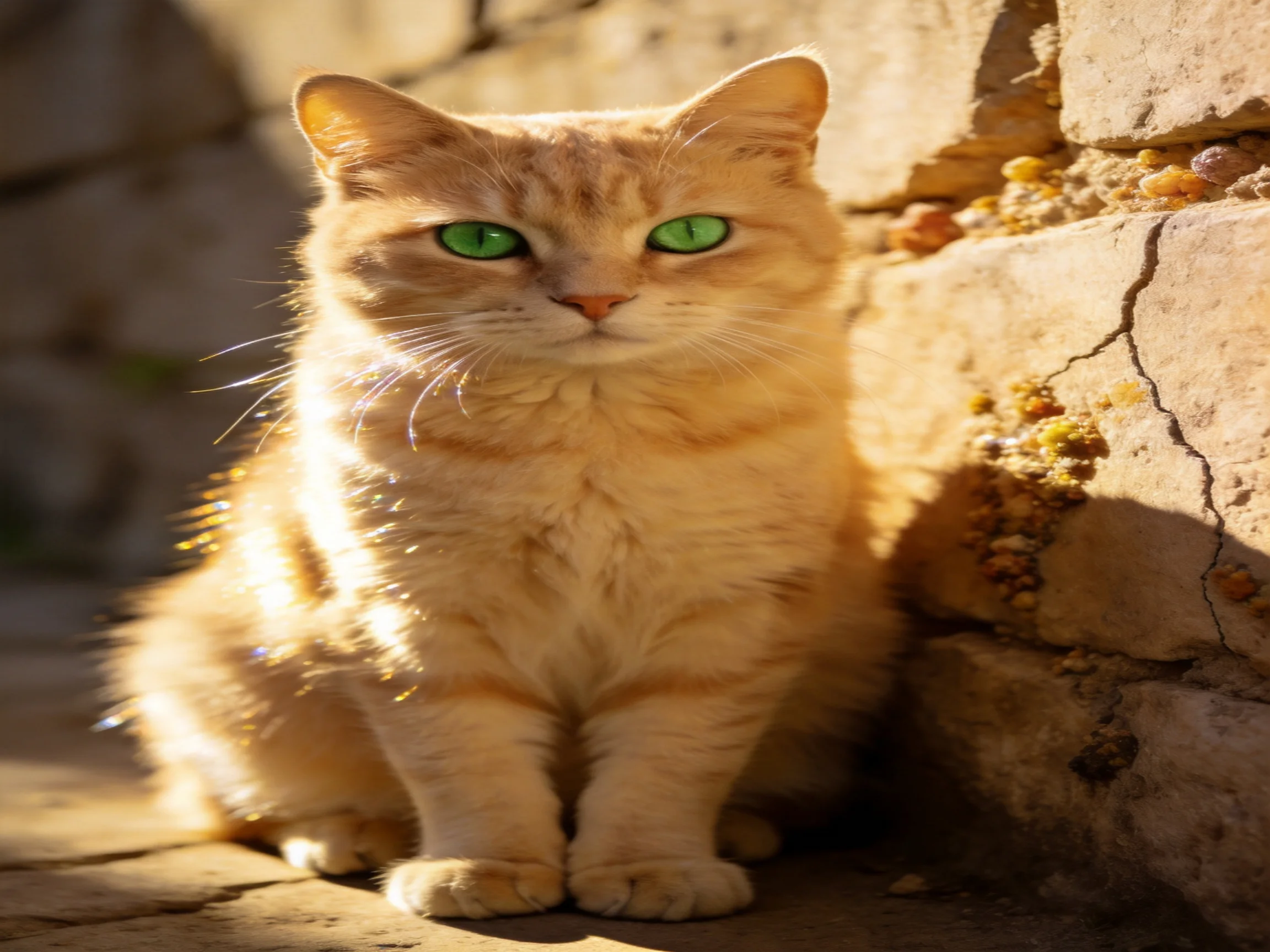 A golden-orange cat with green eyes sits near a weathered stone wall in sunlight.
