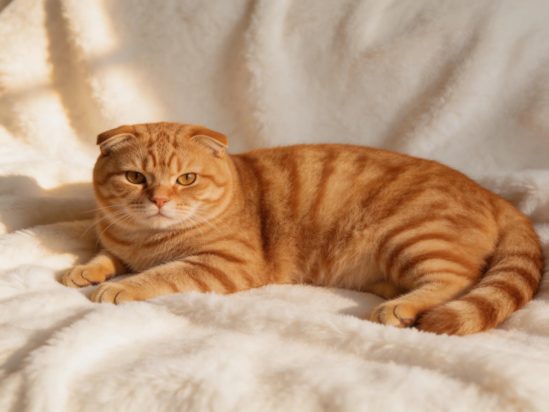 A golden-orange tabby cat lounges on a plush white blanket under sunlight.