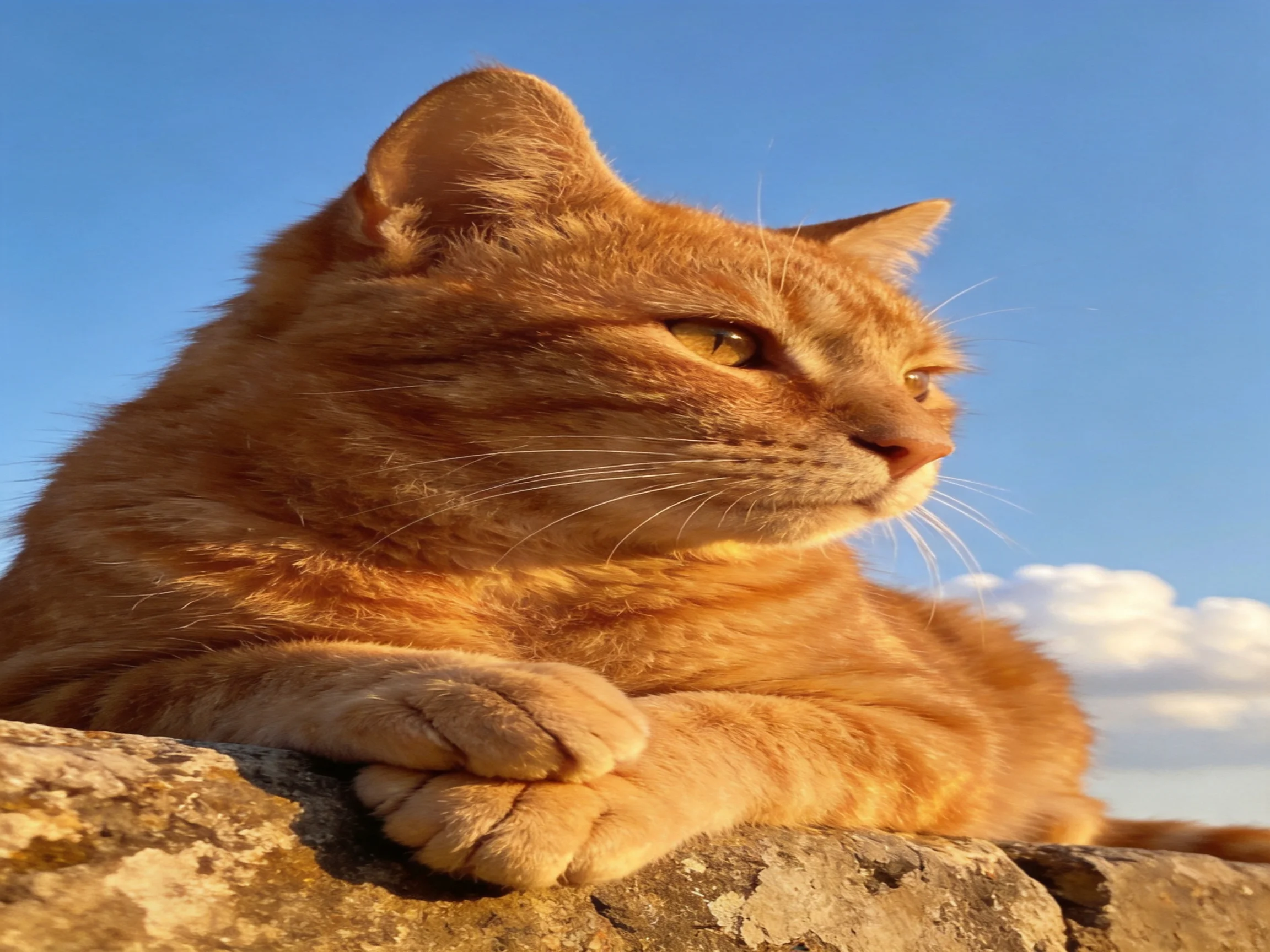 A golden-orange tabby cat lounges on a weathered stone ledge under a bright blue sky