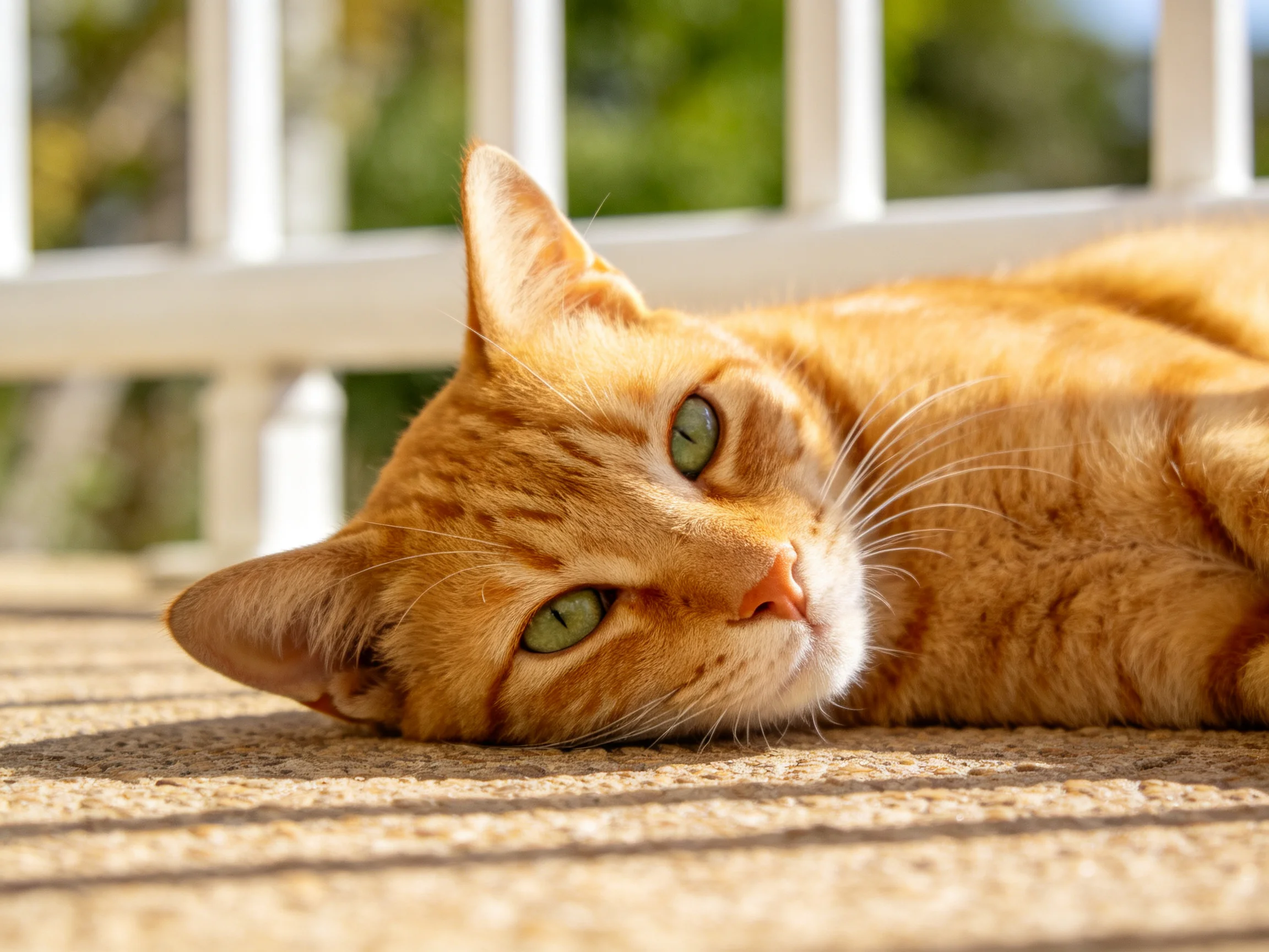 A golden-orange tabby cat lounging on a sun-drenched patio with white railings