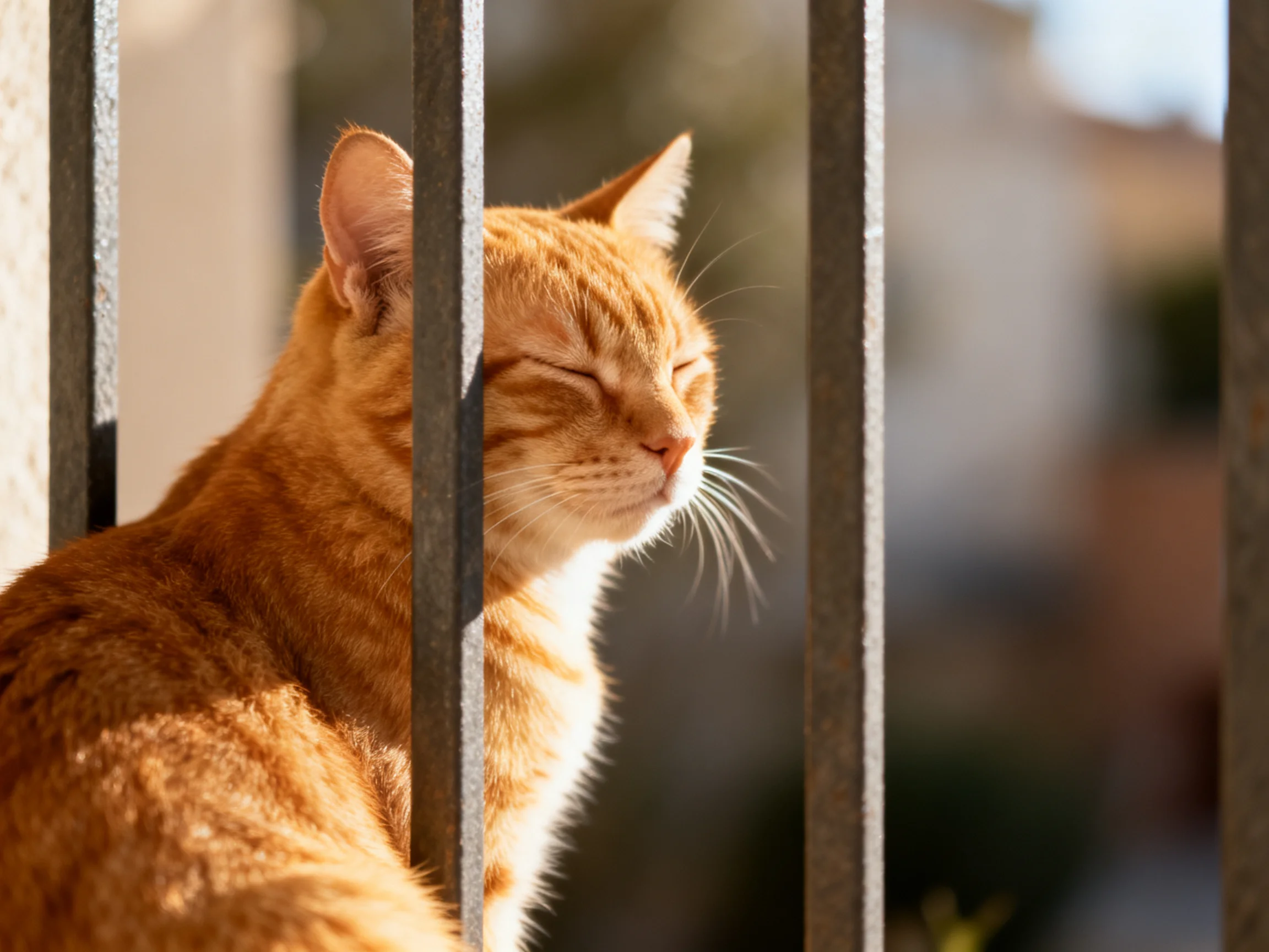 An orange tabby cat relaxes by metal bars in sunlight.