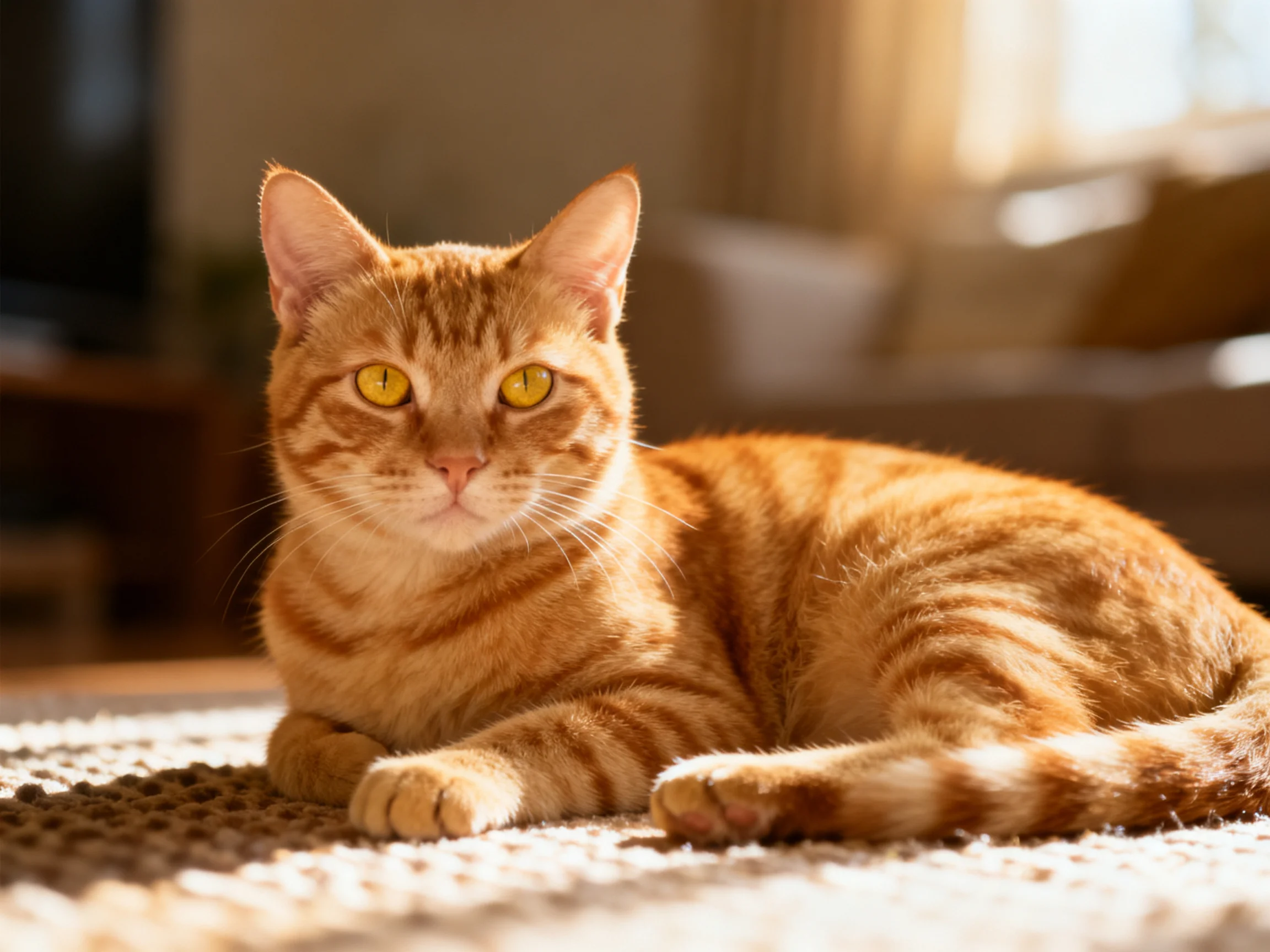 A golden-orange tabby cat resting on a textured rug in soft indoor light
