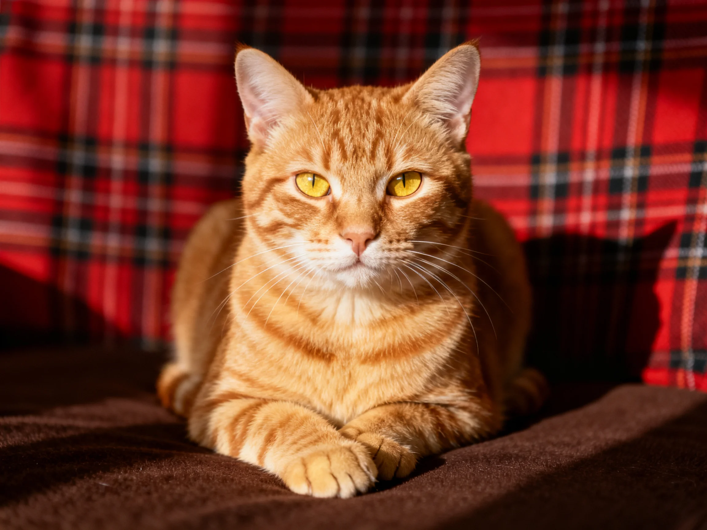 An orange tabby cat relaxes on a brown surface with a red plaid background