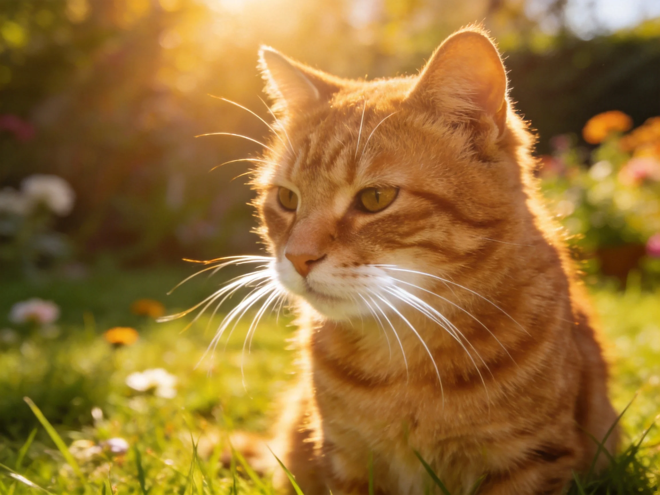 A golden-orange tabby cat sits peacefully in a sunlit garden with flowers.