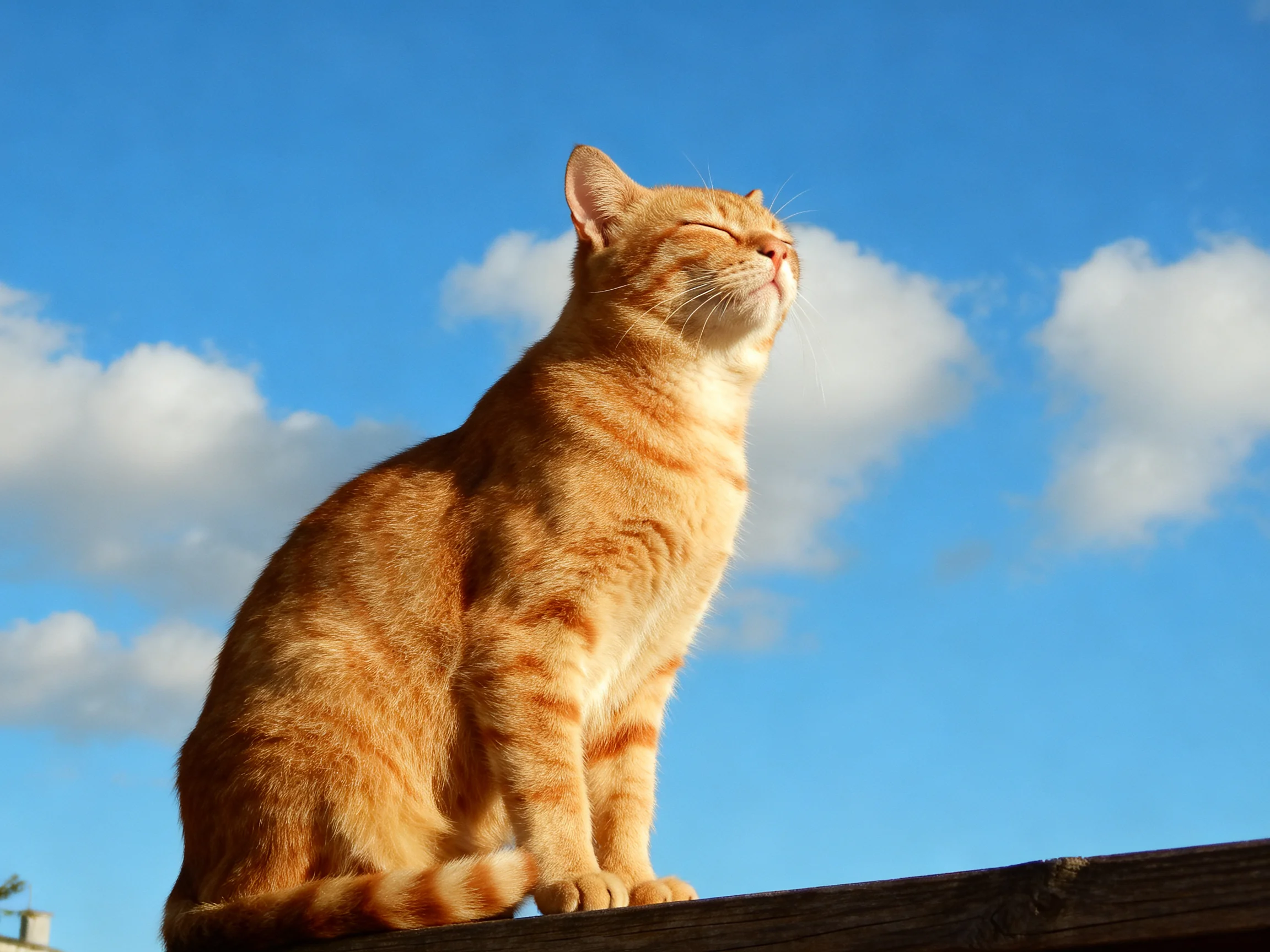 A golden-orange tabby cat sits on a wooden beam beneath a clear blue sky