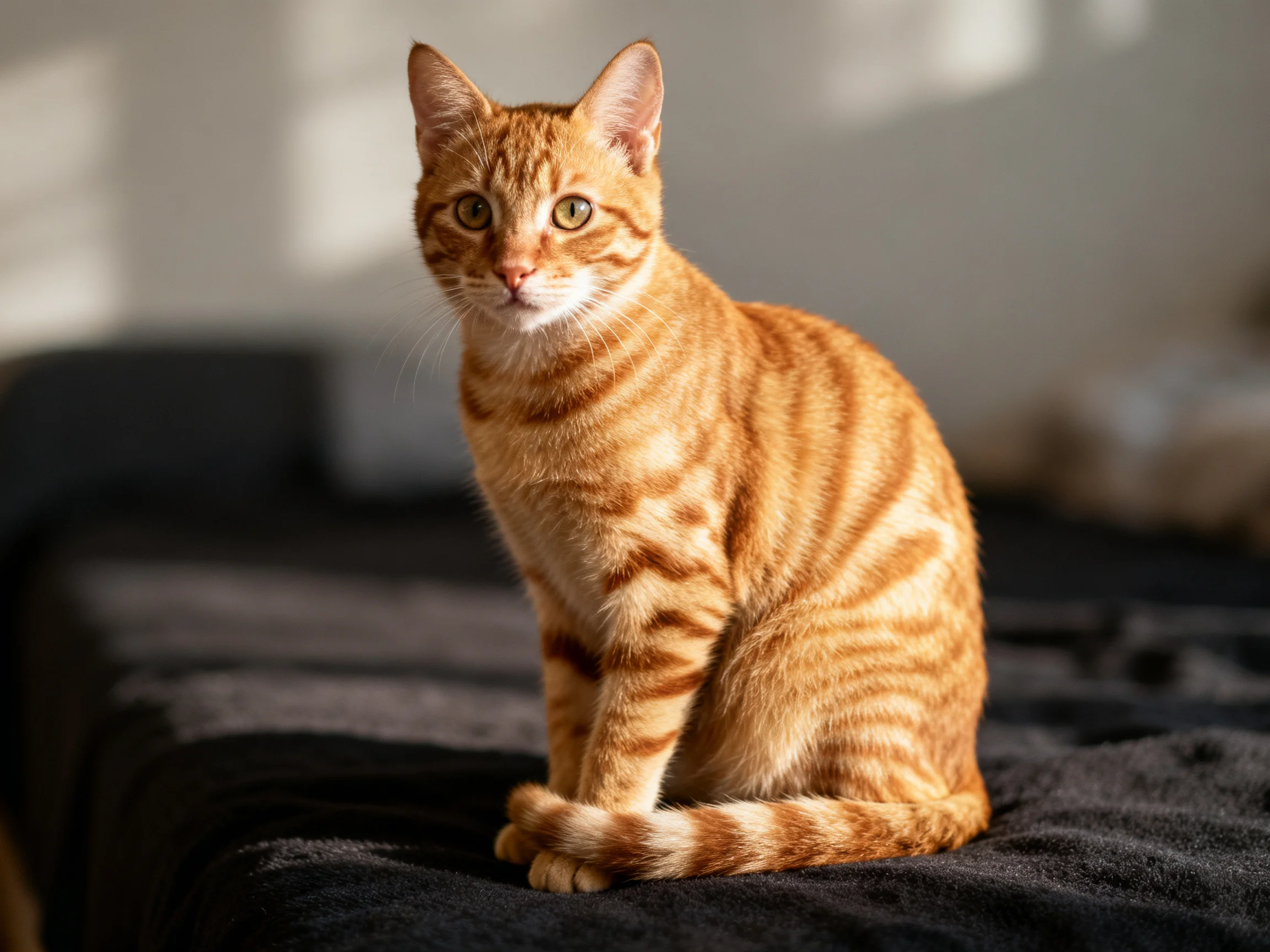 A golden-orange tabby cat sits on a dark fabric surface.
