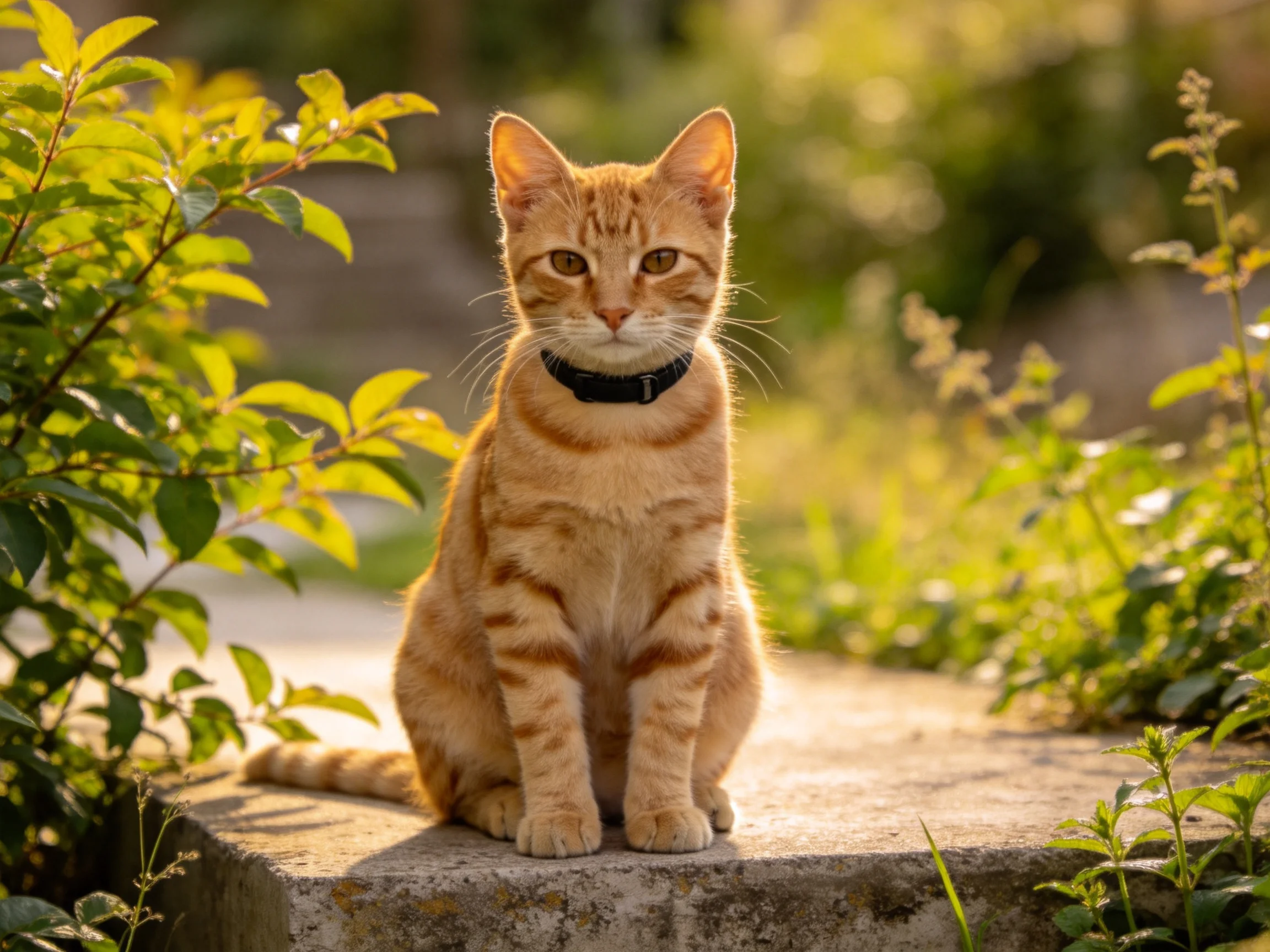 A golden-orange tabby cat sits on a stone path in a sunlit garden.