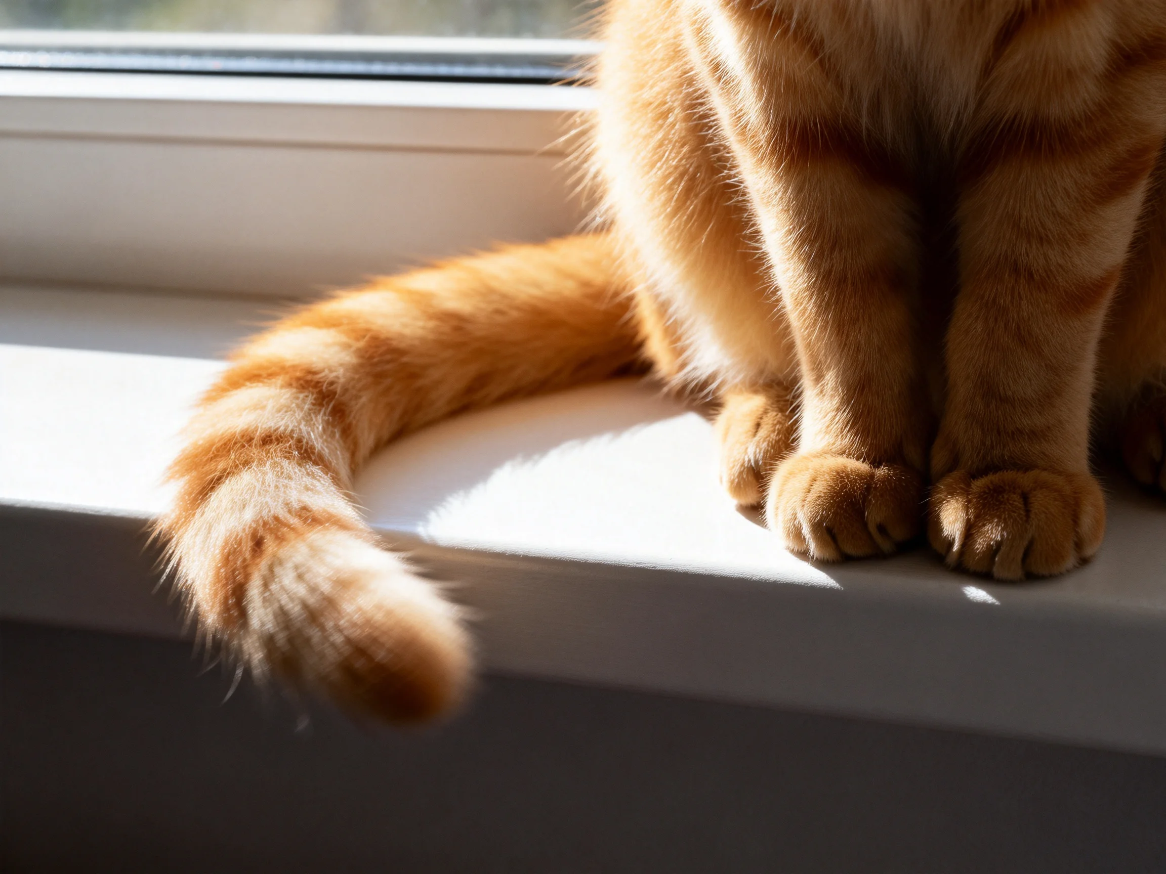 A golden-orange tabby cat sits on a sunlit windowsill.